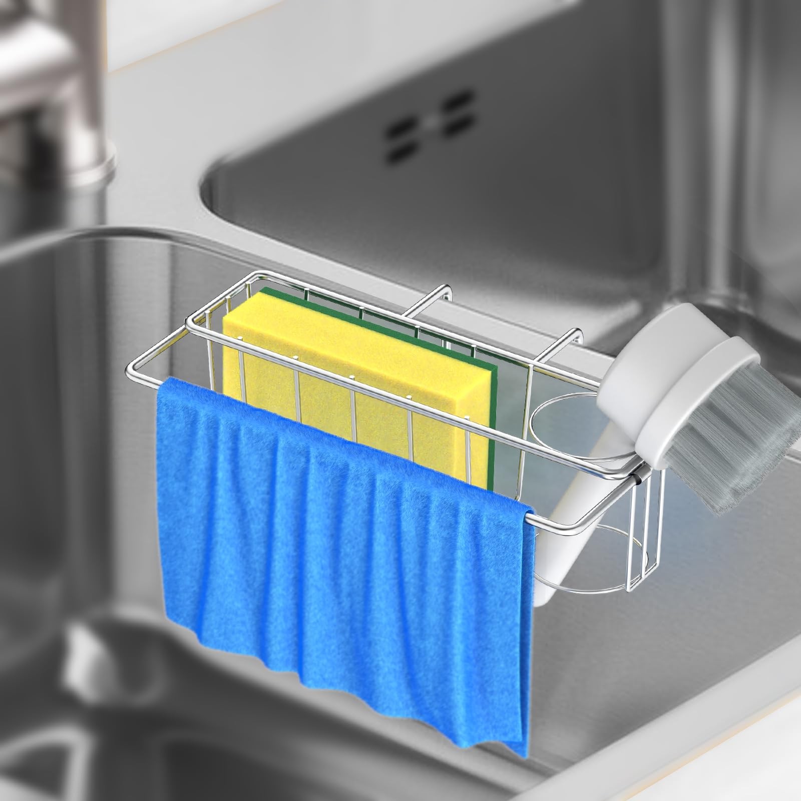 QMLALA Sponge Holder for Double Kitchen Sink, Hanging sponge holder, Silver