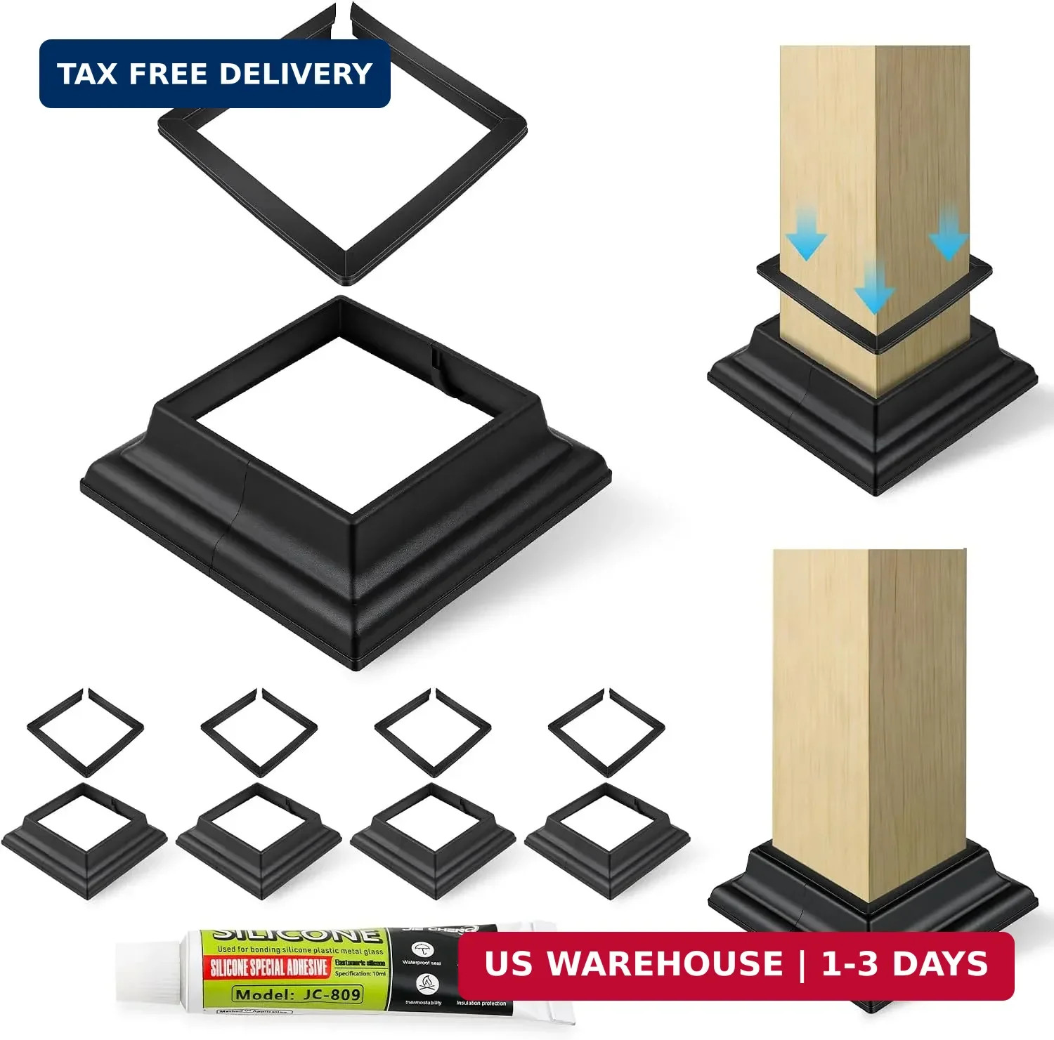 4-Pack 4×4 Post Skirt Aluminum Split Deck Post Base Cover (Black) | With 3.5″x3.
