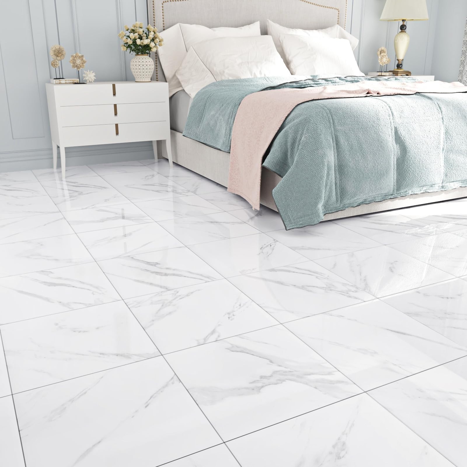WESTICK White Marble Peel and Stick Floor Tile Bathroom 20 Tiles, 1.
