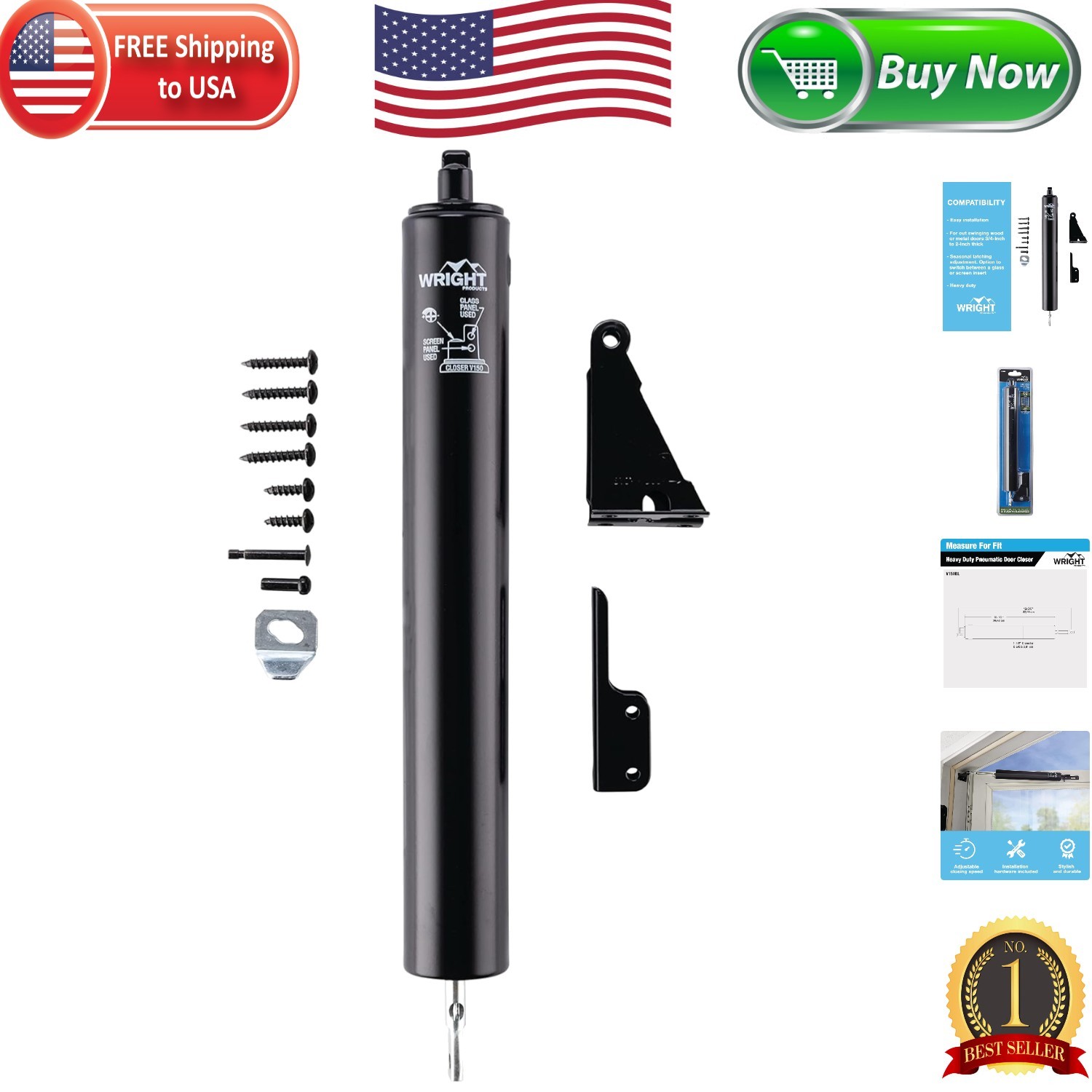 Alloy Steel Pneumatic Door Closer for Out-Swinging Doors – Black Finish, 12.25”