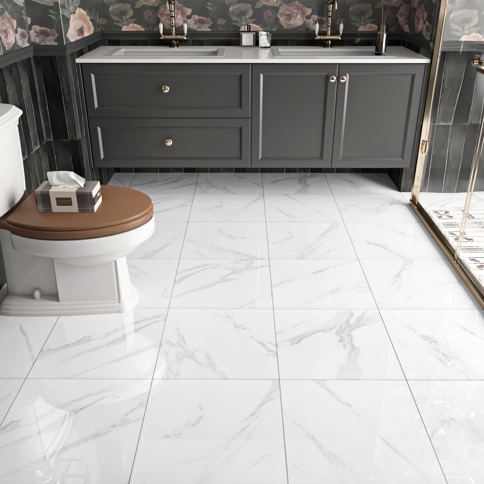 WESTICK White Marble Peel and Stick Floor Tile Bathroom 20 Tiles, 1.