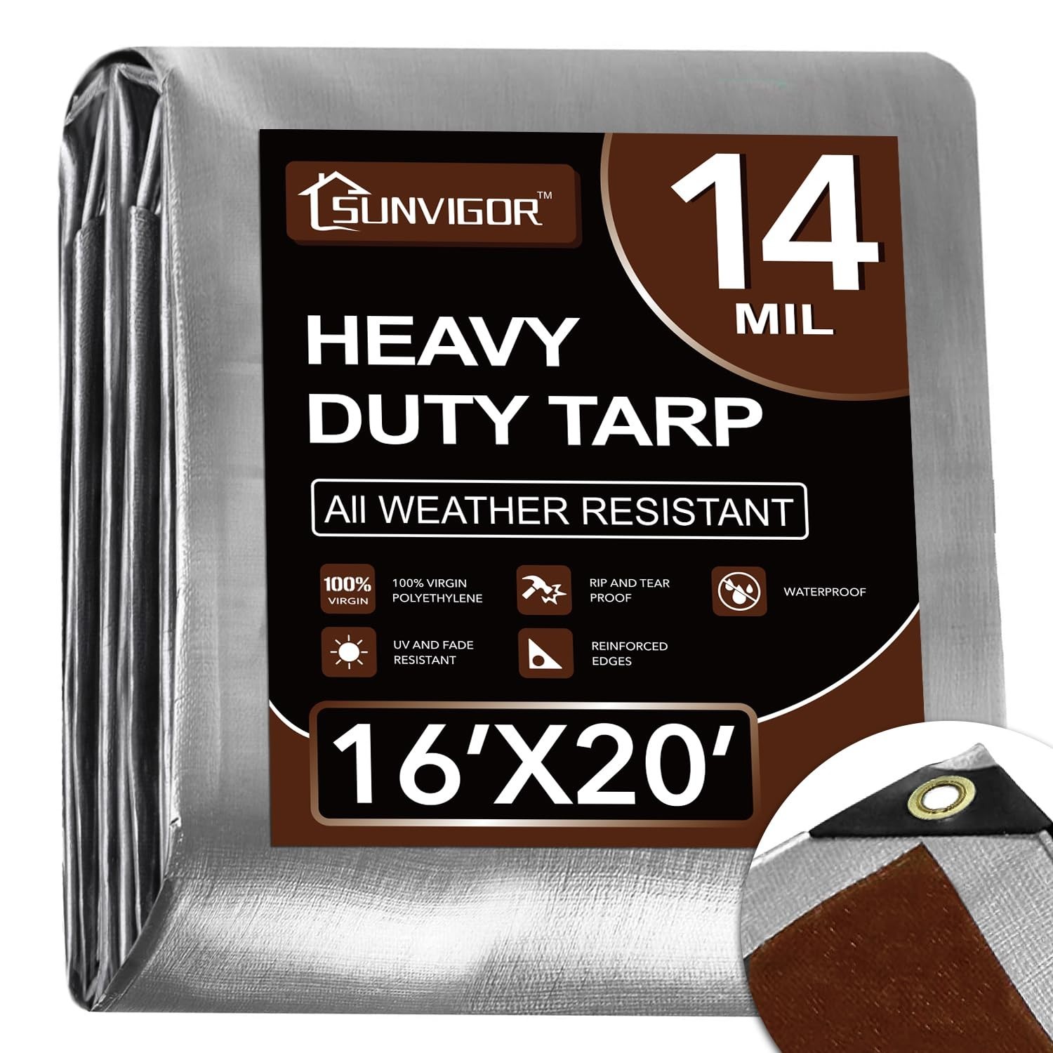 Sunvigor Tarp Waterproof 16x20Ft, Heavy Duty Tarp Cover Extra Thick 14 Mil Te…