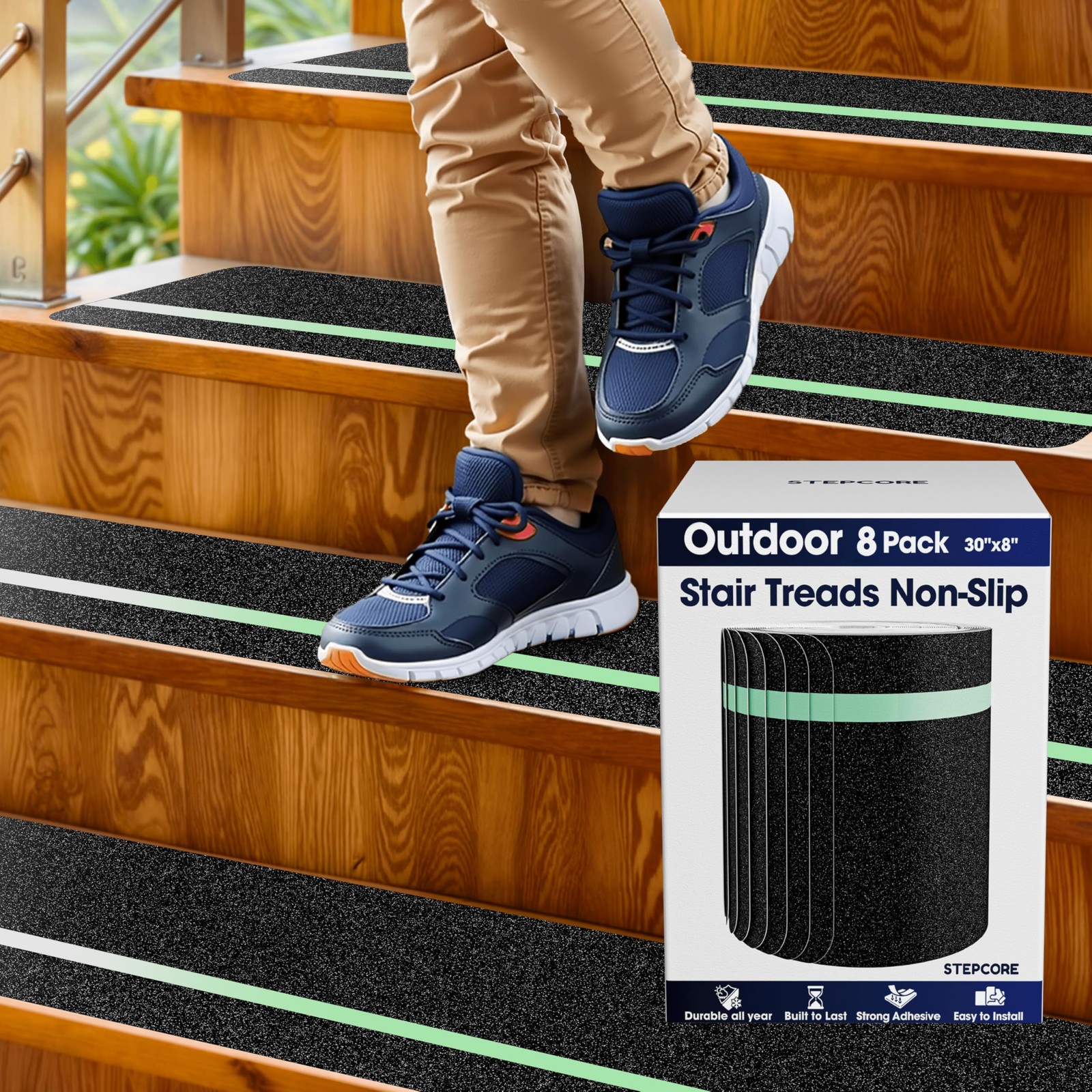 Outdoor Stair Treads Non Slip – 30″ x 8″ – 8-Pack Glow in The Dark Waterproof 80