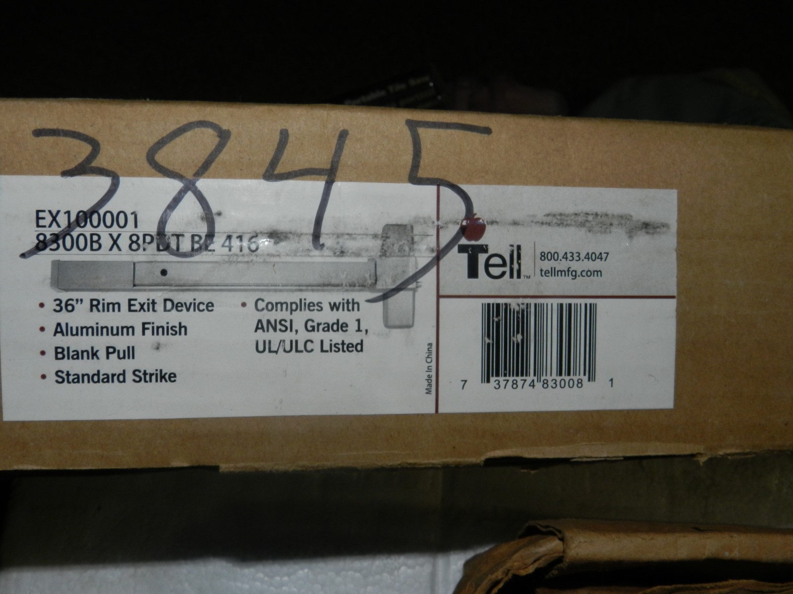Lockable Rim Exit Device Tell Manufacturing 8300B 36″ Aluminum Stainless Steel