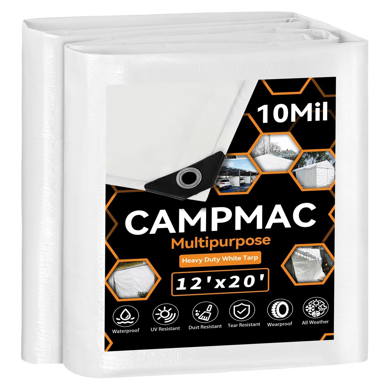 White Heavy Dut Waterproof Tarp 12′ x 20′, 10 Mil Thick, High Durability, Rip…