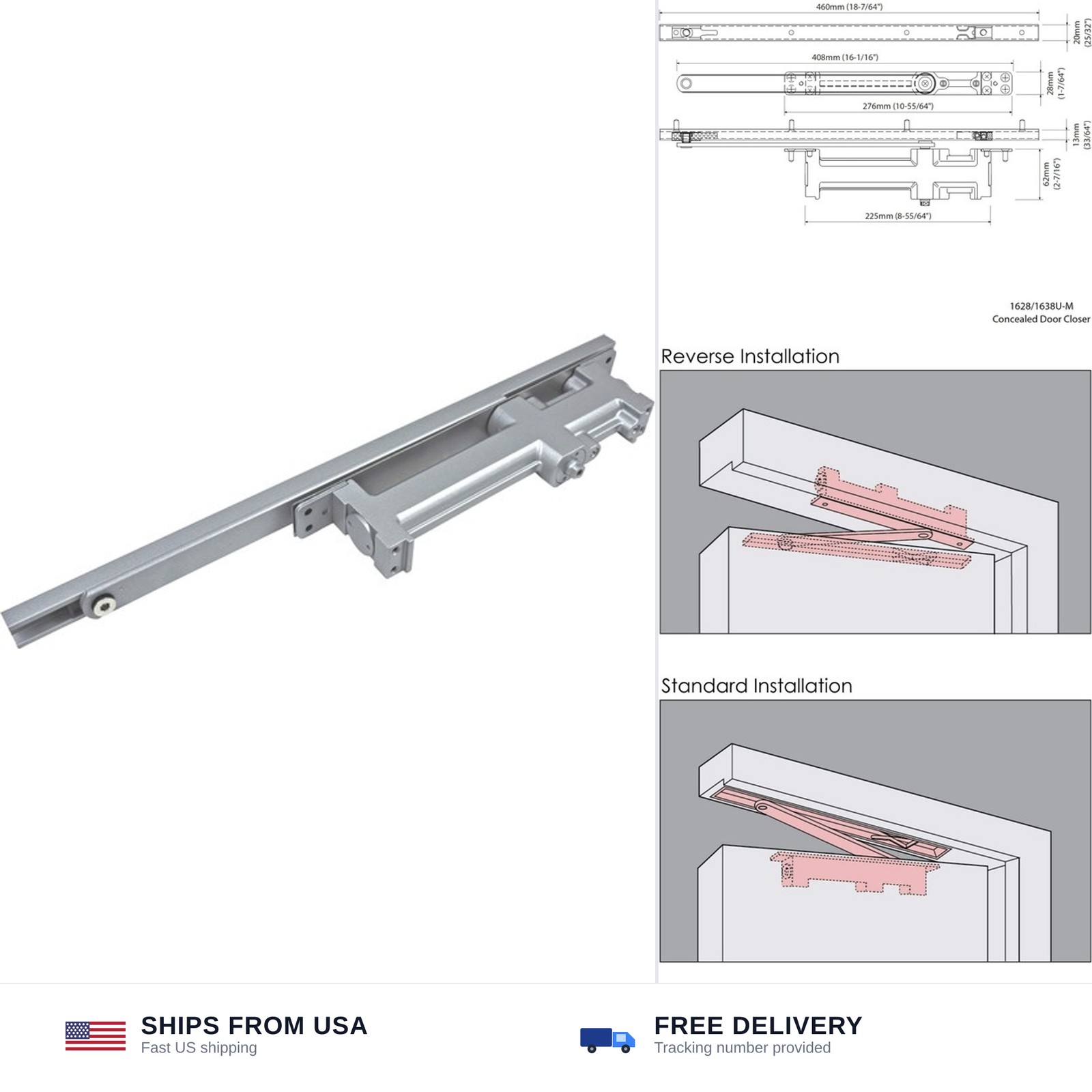 NHN1628U-M Concealed Door Closer, Non-Handed, Heavy-Duty, Up to 88lbs. Doors,…