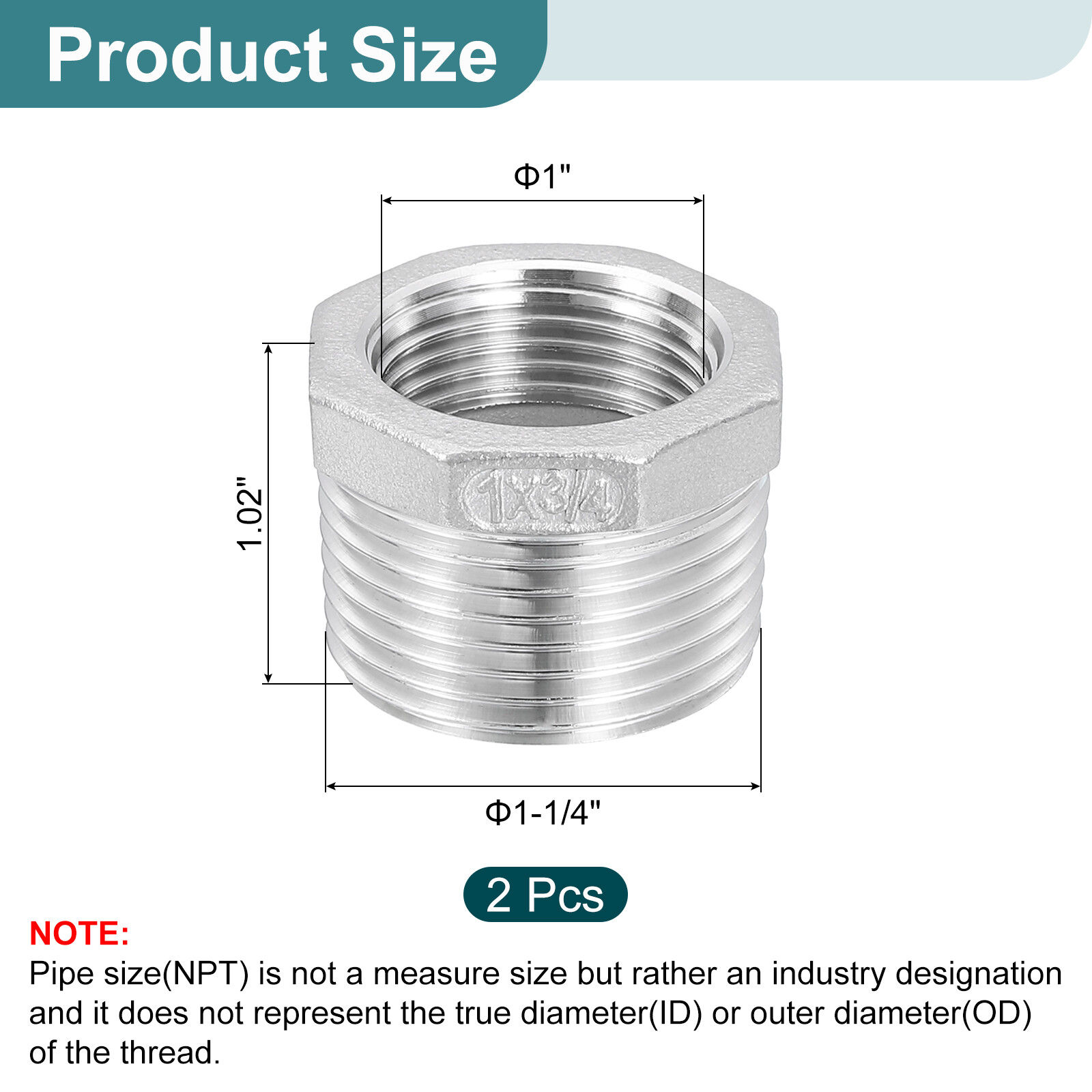 2Pcs 1″ Male to 3/4″ Female NPT 304 Stainless Steel Reducer Hex Bushing