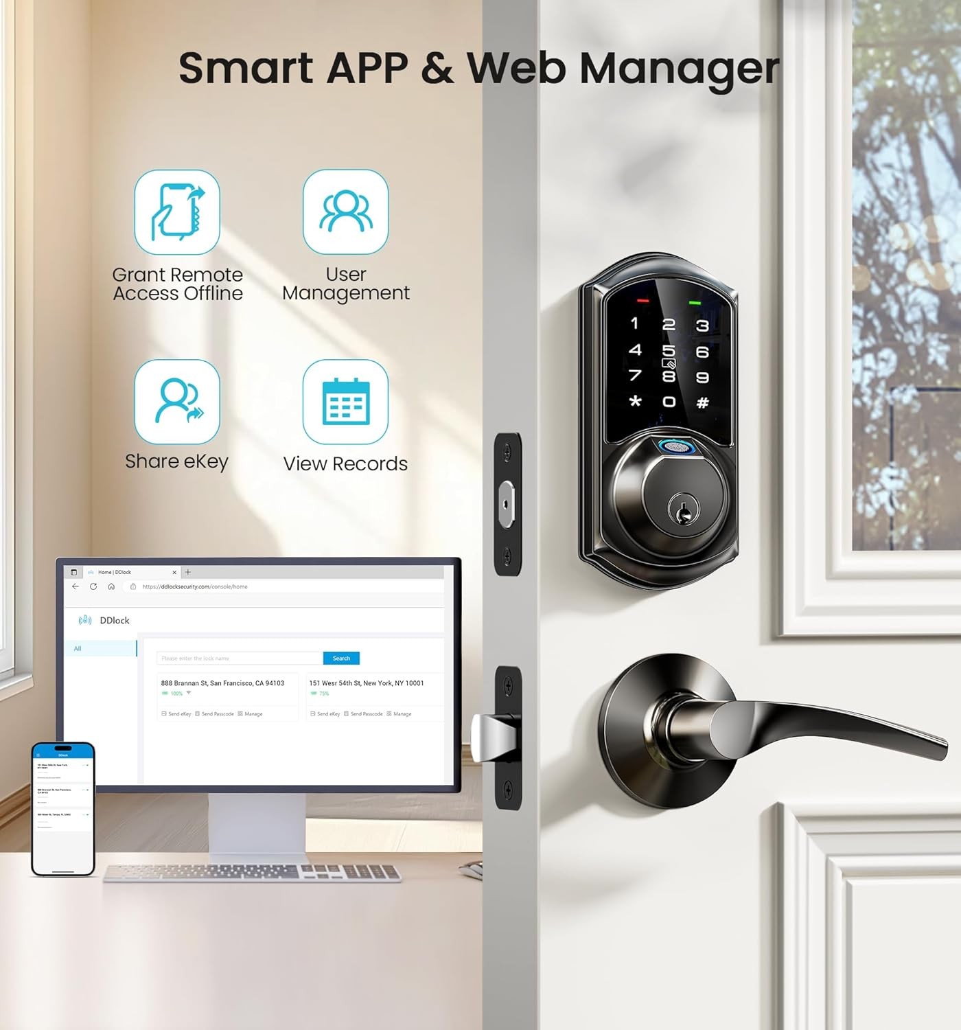 Veise VE07 Fingerprint Smart Door Lock, 7-in-1 Keyless Entry Matte Black