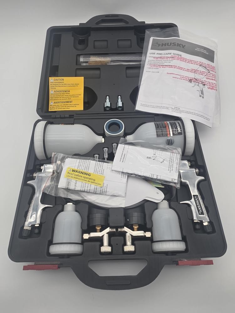 Husky HVLP Dual Gravity Feed Spray Gun Kit 600cc 120cc Cups HDK00600 – New