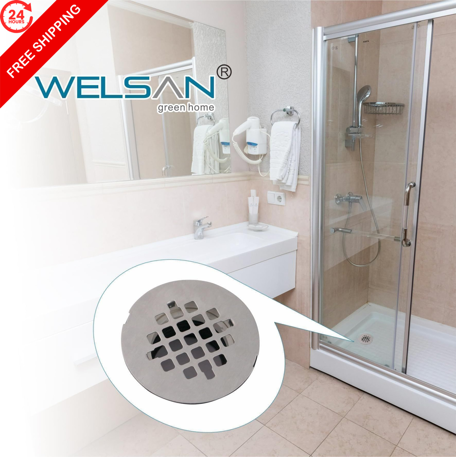 WELSAN Brushed Nickel 2 Inch PVC Shower Drain Kit, Round