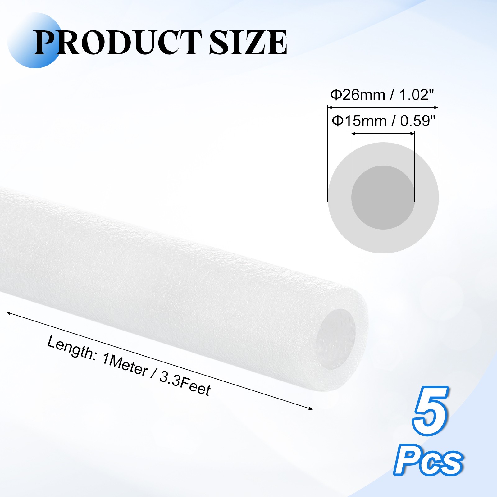 5 Pcs 0.59 Inch 3.3 Feet Pipe Insulation Foam Tube OD 1.02″