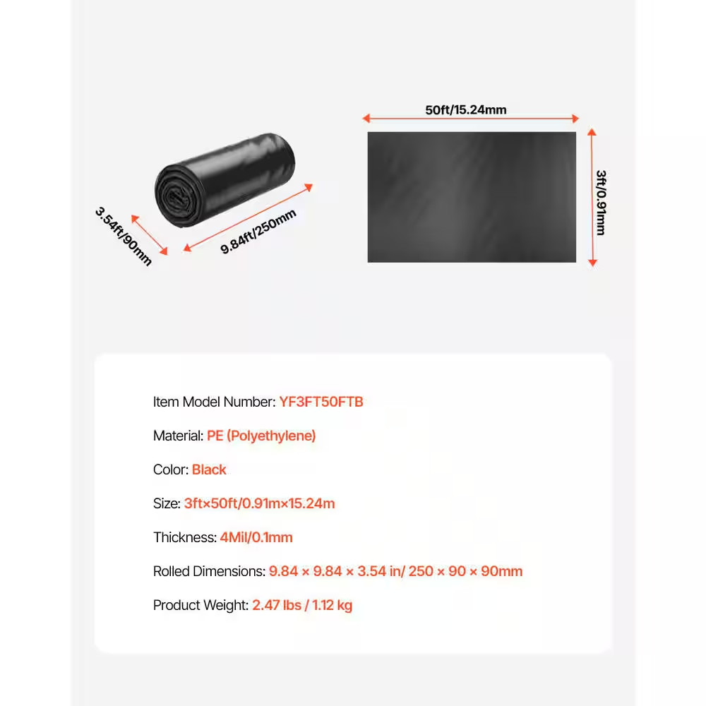 3 Ft. X 50 Ft. Plastic Sheeting, 4 Mil Heavy Duty Roll Black Polyethylene Tarp f