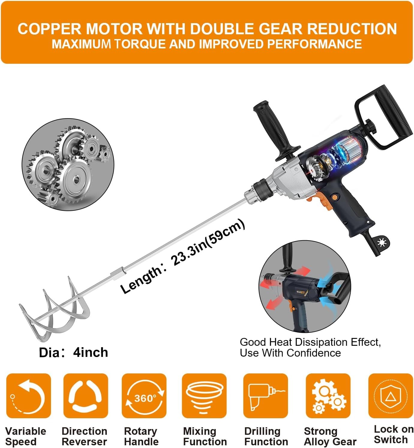 Drill Mixer Set with Spade Handle 1/2 inch Electric Corded Mixing Drill Machine