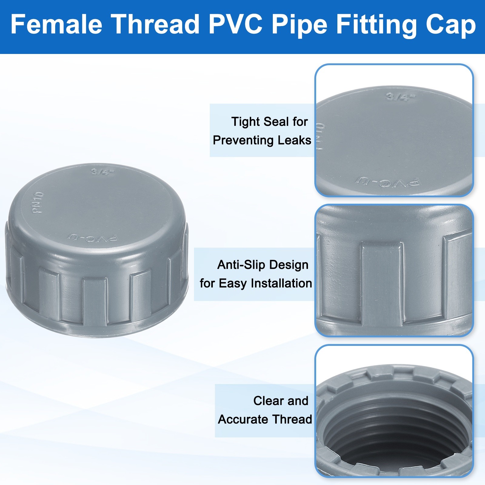 5Pcs 3/4 Inch PT Female Thread PVC Pipe Fitting Cap with Gasket, Gray