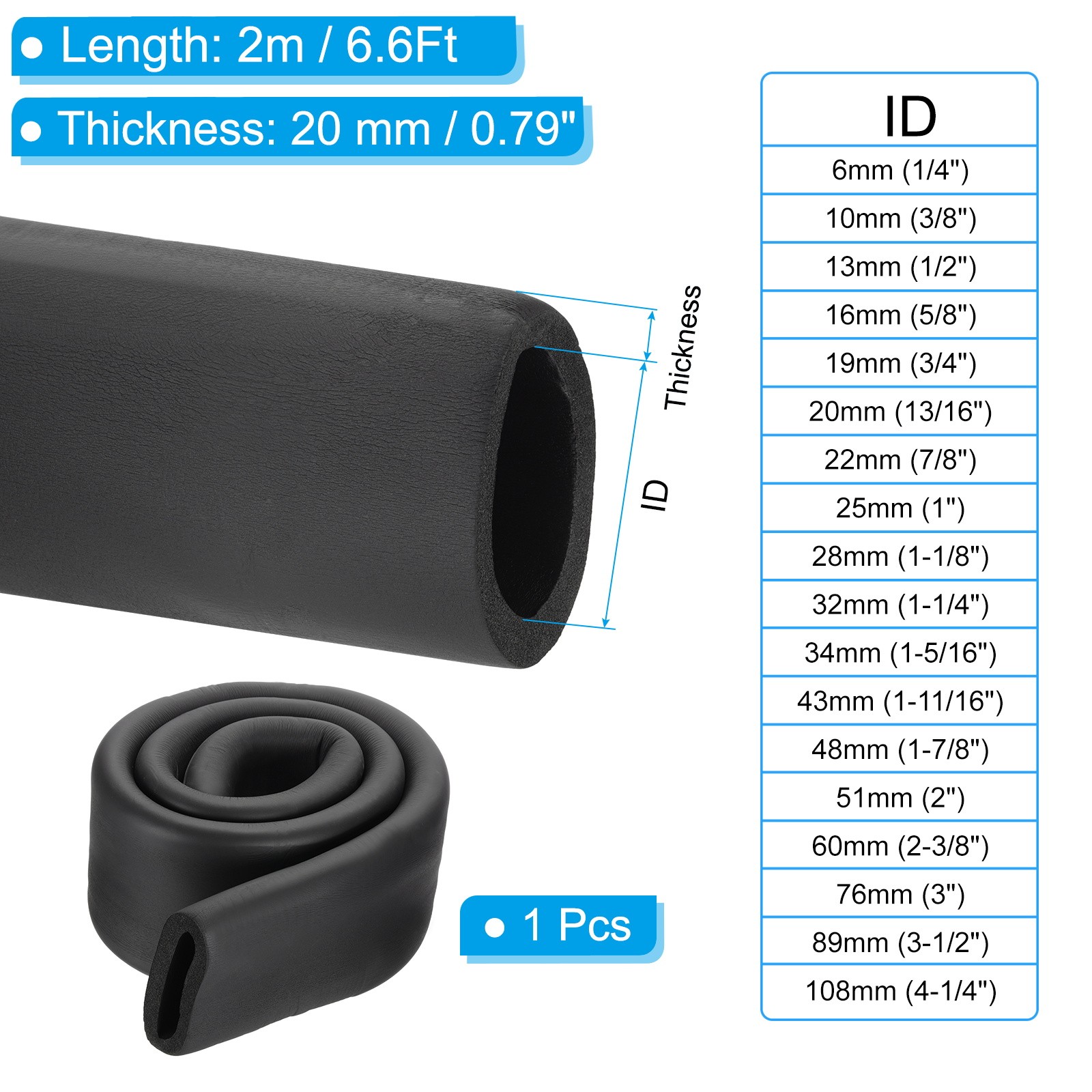 3-1/2″(89mm) ID x 6.6Ft Pipe Insulation Foam Tubes Black