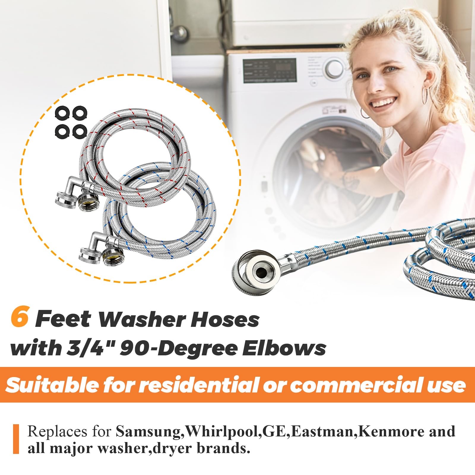 6FT Washer Stainless Steel Hoses with 90 Degree Elbows 6 Feet, Red and Blue