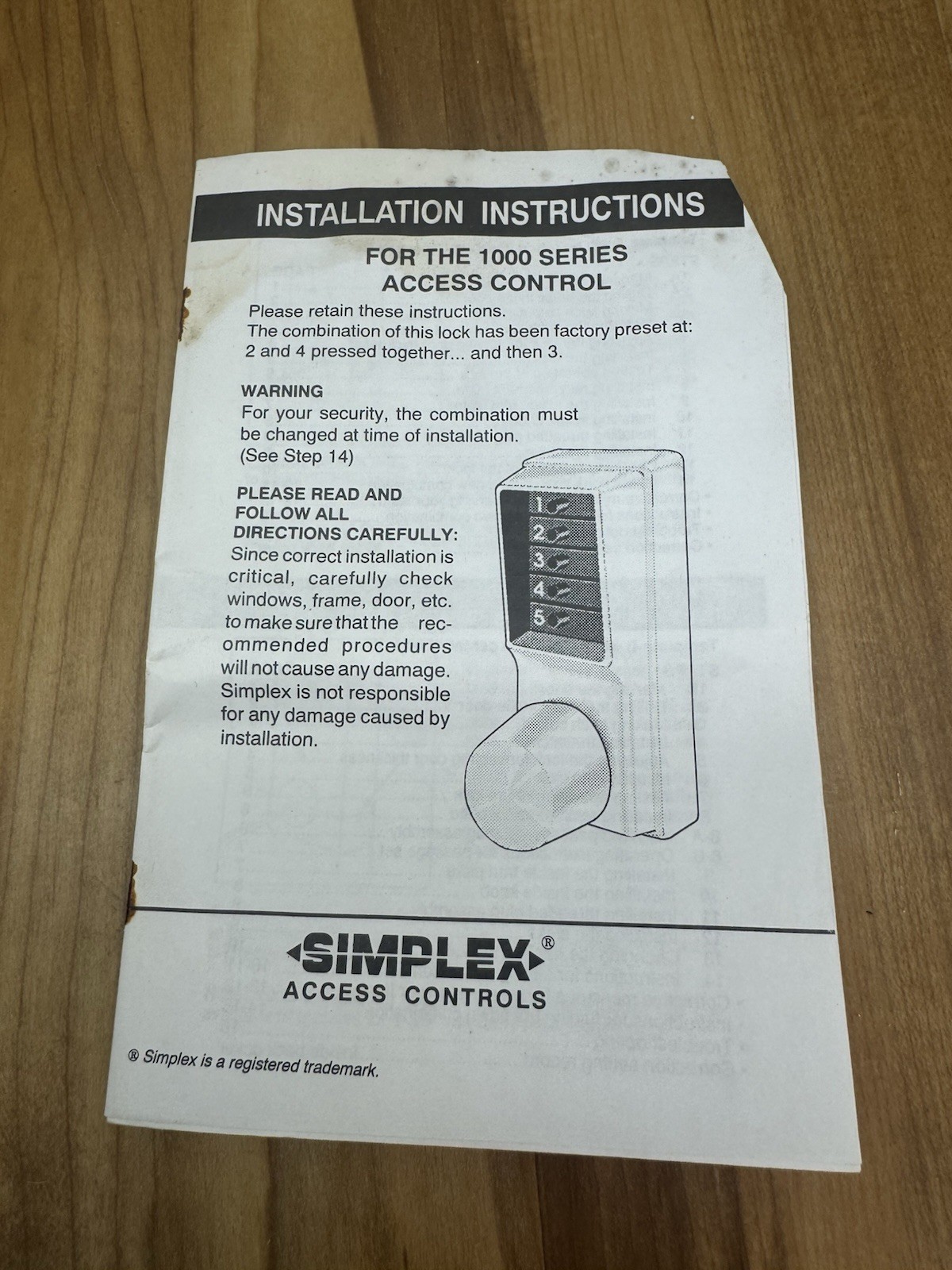 Simplex 1000 Series – Push Button Lock Handle – 5B Brass 1000-2B / 1021B *NO BOX