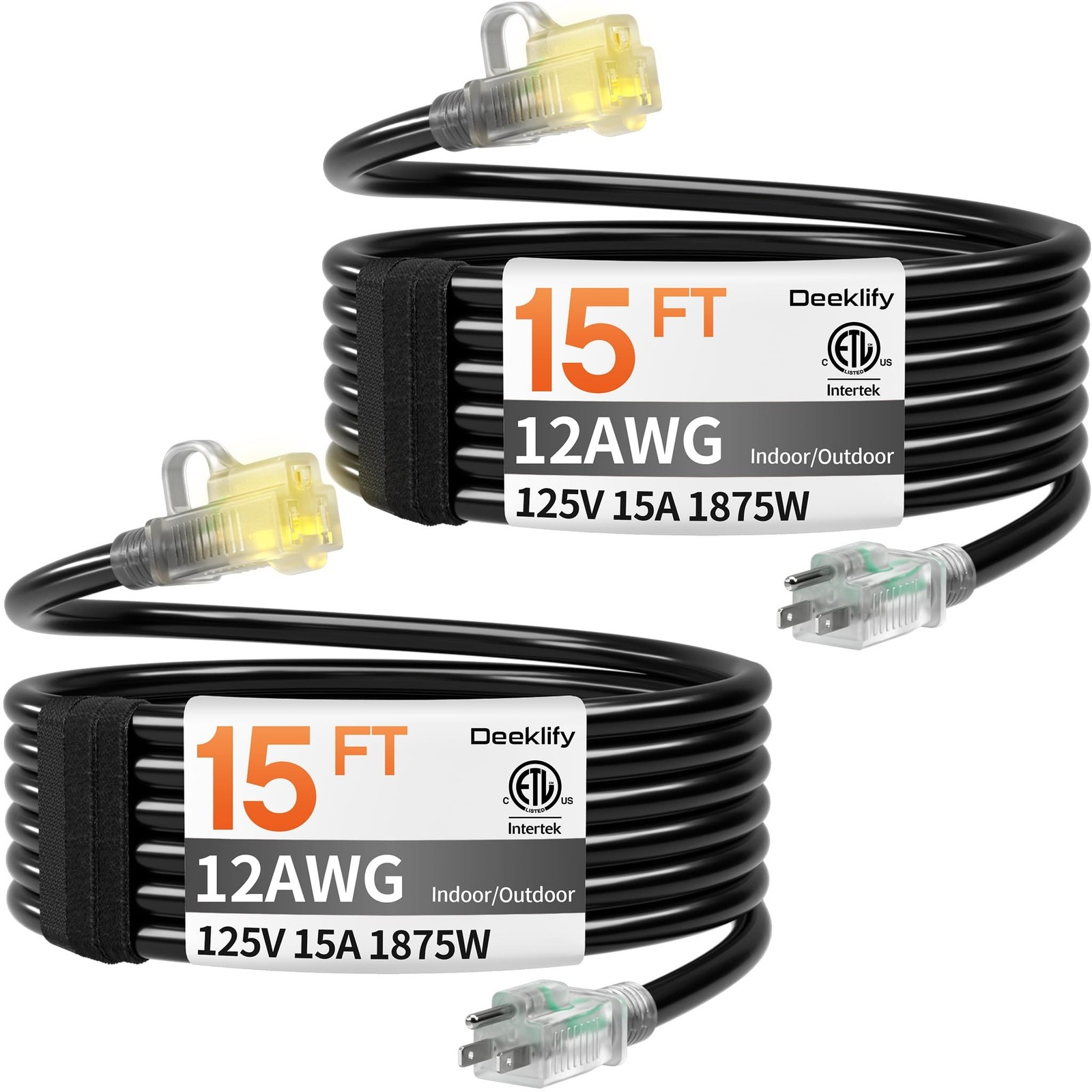 12AWG 15 FT 2 Pack Heavy Duty Outdoor Extension Cord Waterproof with Lighted …