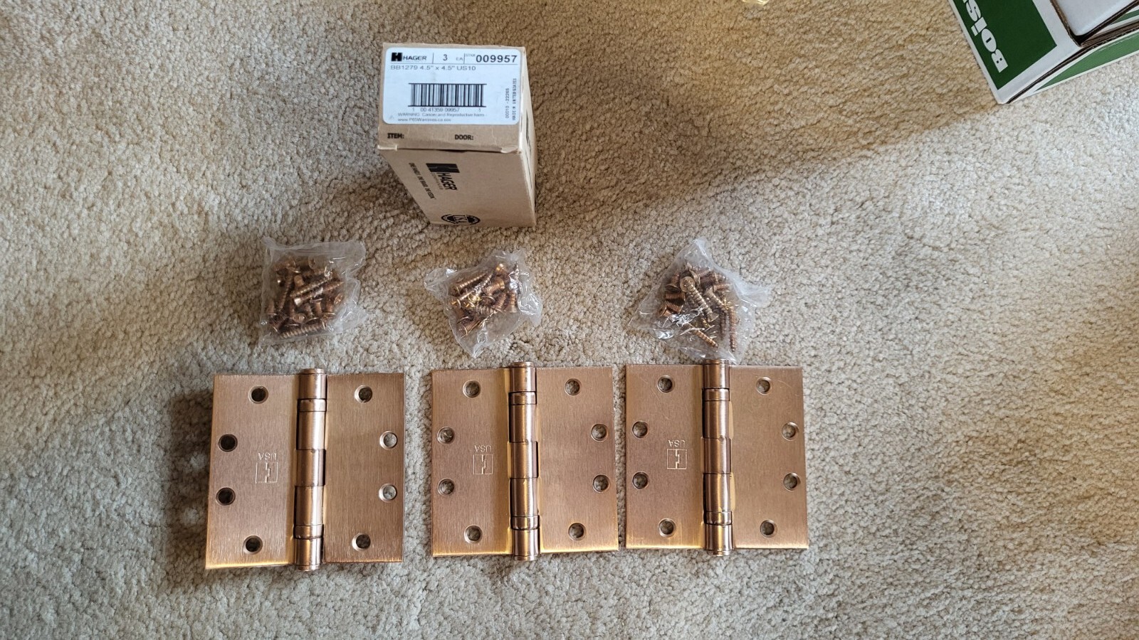 Box of 3 ~ HAGER BB1279 HINGES 4.5″ x 4.5″ COLOR IS US10 Finish with Screws