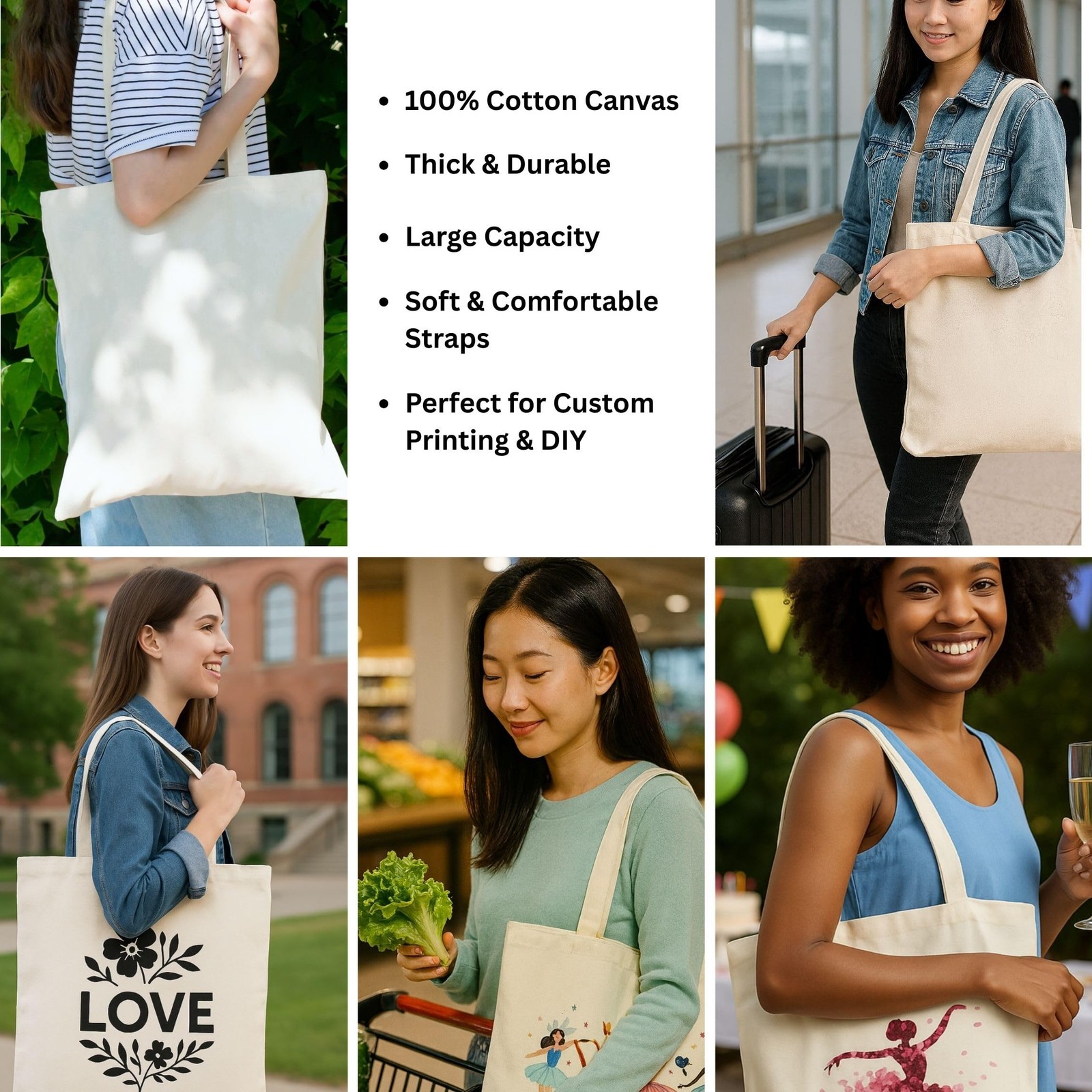 Canvas Tote Bags 15×16 – 2 | 6 | 12 Pack Reusable Cotton Totes for Grocery