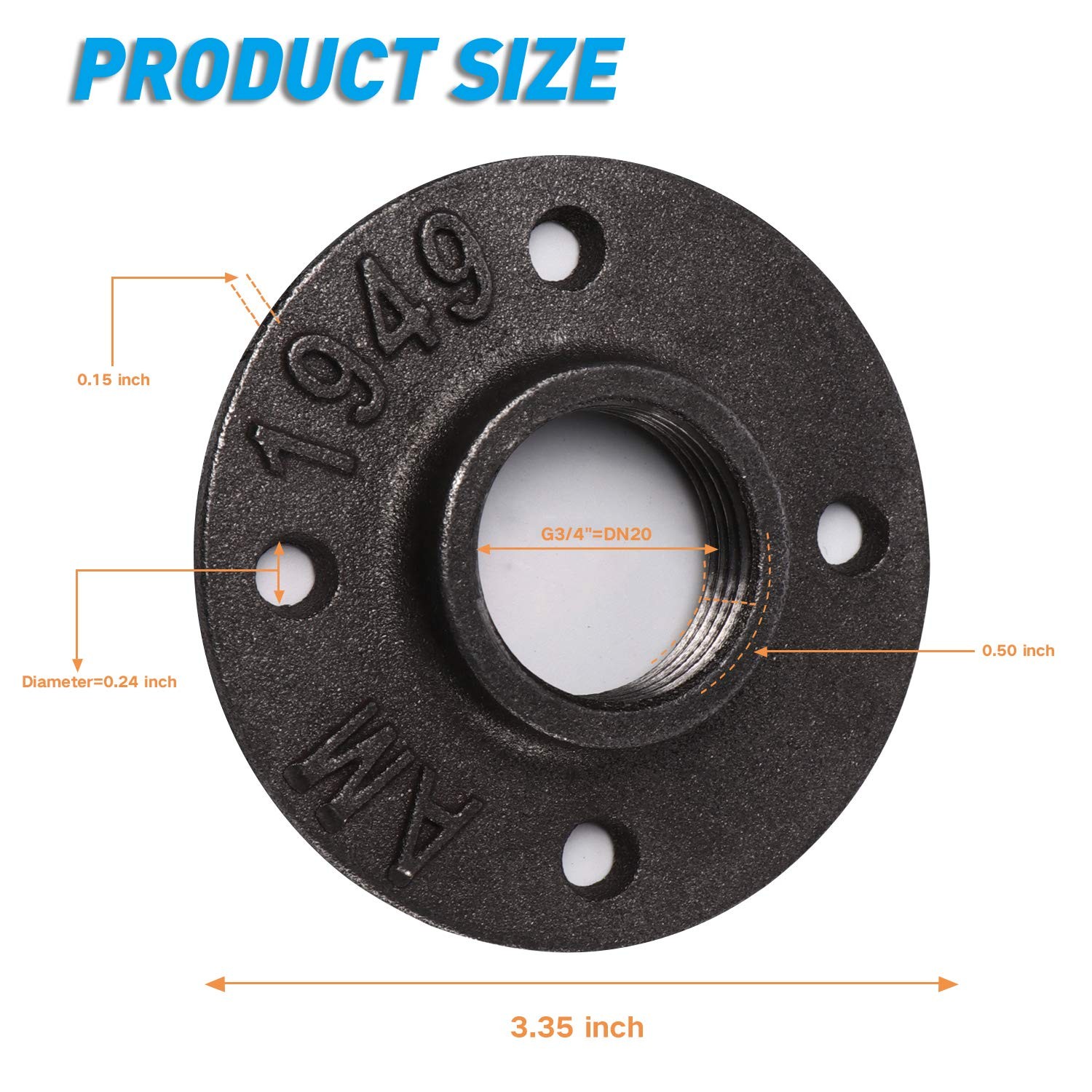 3/4″ Floor Flange, Home TZH 4 Pack Malleable iron Pipe Flange 3/4 Inch, Gray