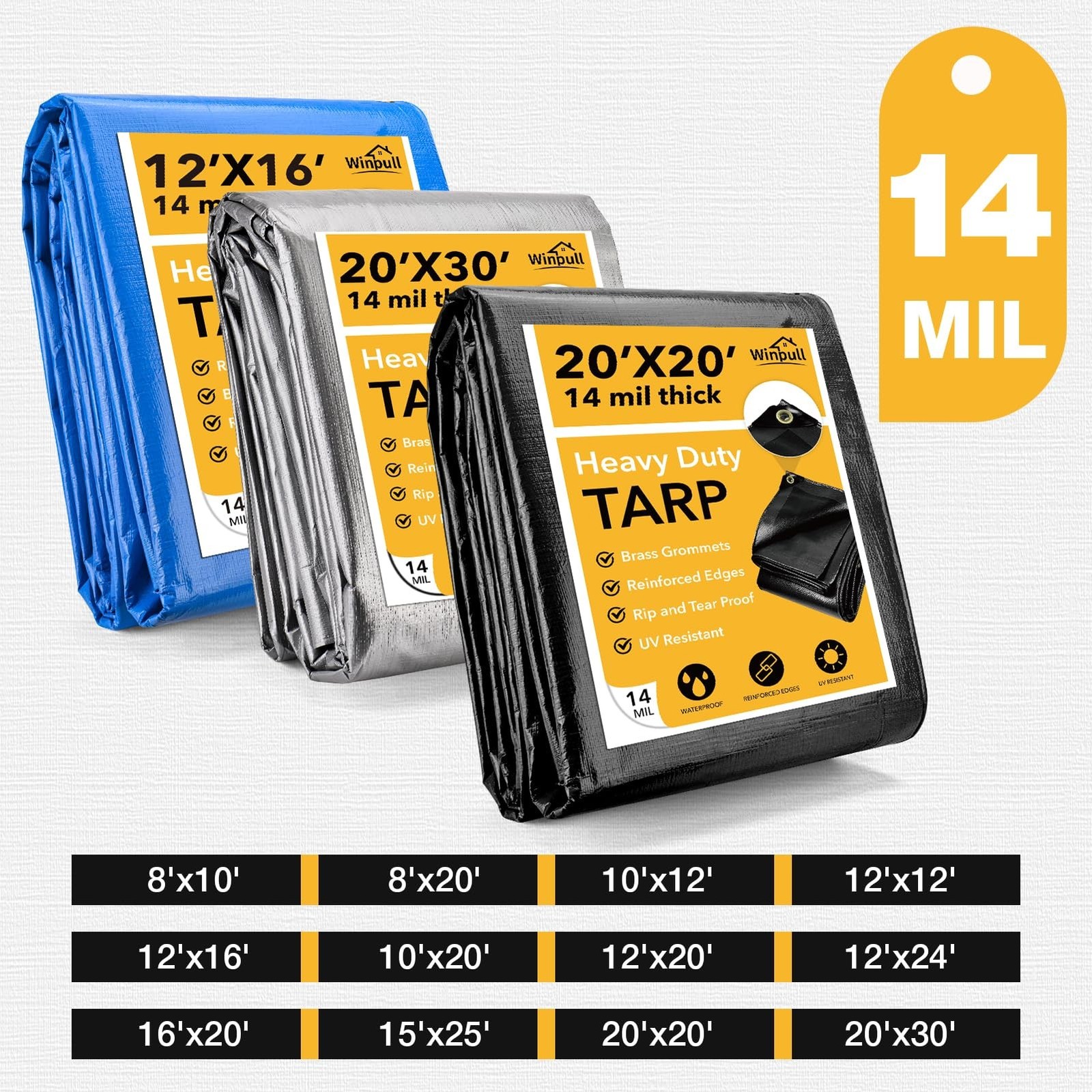 Winpull Tarp 10×20 Feet 14 Mil Heavy Duty Waterproof Tarp, Large Multipurpose…