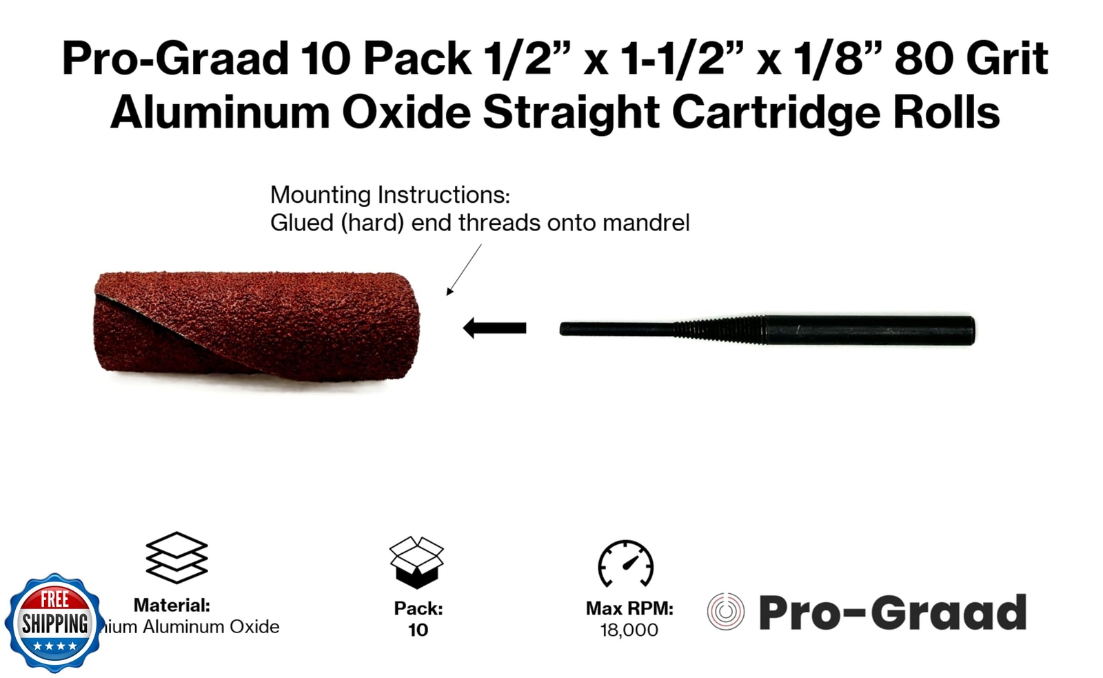 Pro-Graad 1/2” Diameter x 1-1/2” Length x 1/8” Pilot Hole 80 Grit Aluminum Ox