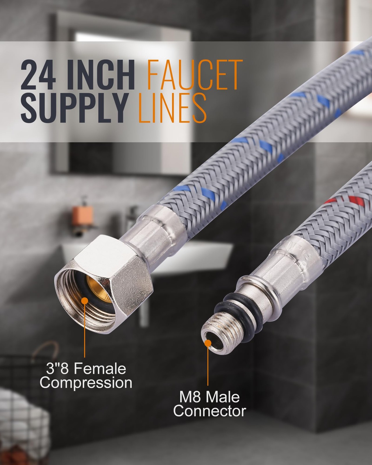 Faucet Supply Lines, WOWOW 24″ Bathroom Sink 24Inch, Chrome and Grey