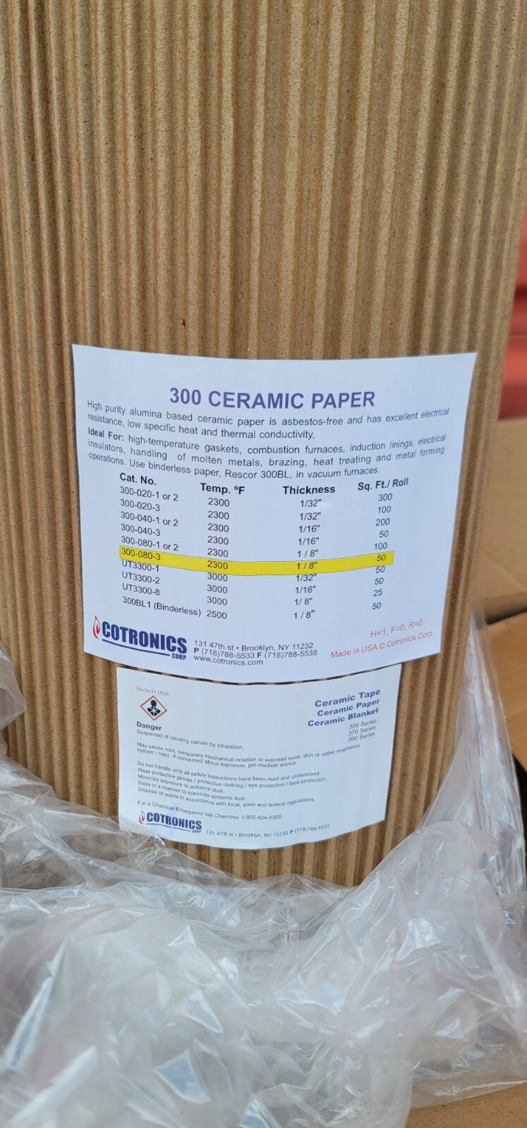 300-080-3 Ceramic Paper 2300 1/8″ 50 Based Asbestos Free COTRONICS