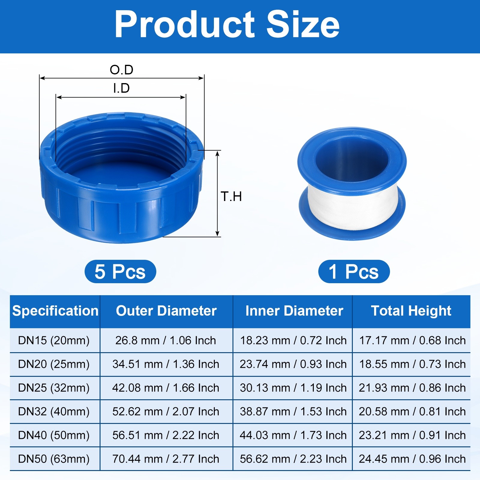 5Pcs 1-1/2 Inch PT Female Thread PVC Pipe Fitting Cap with Tape Blue