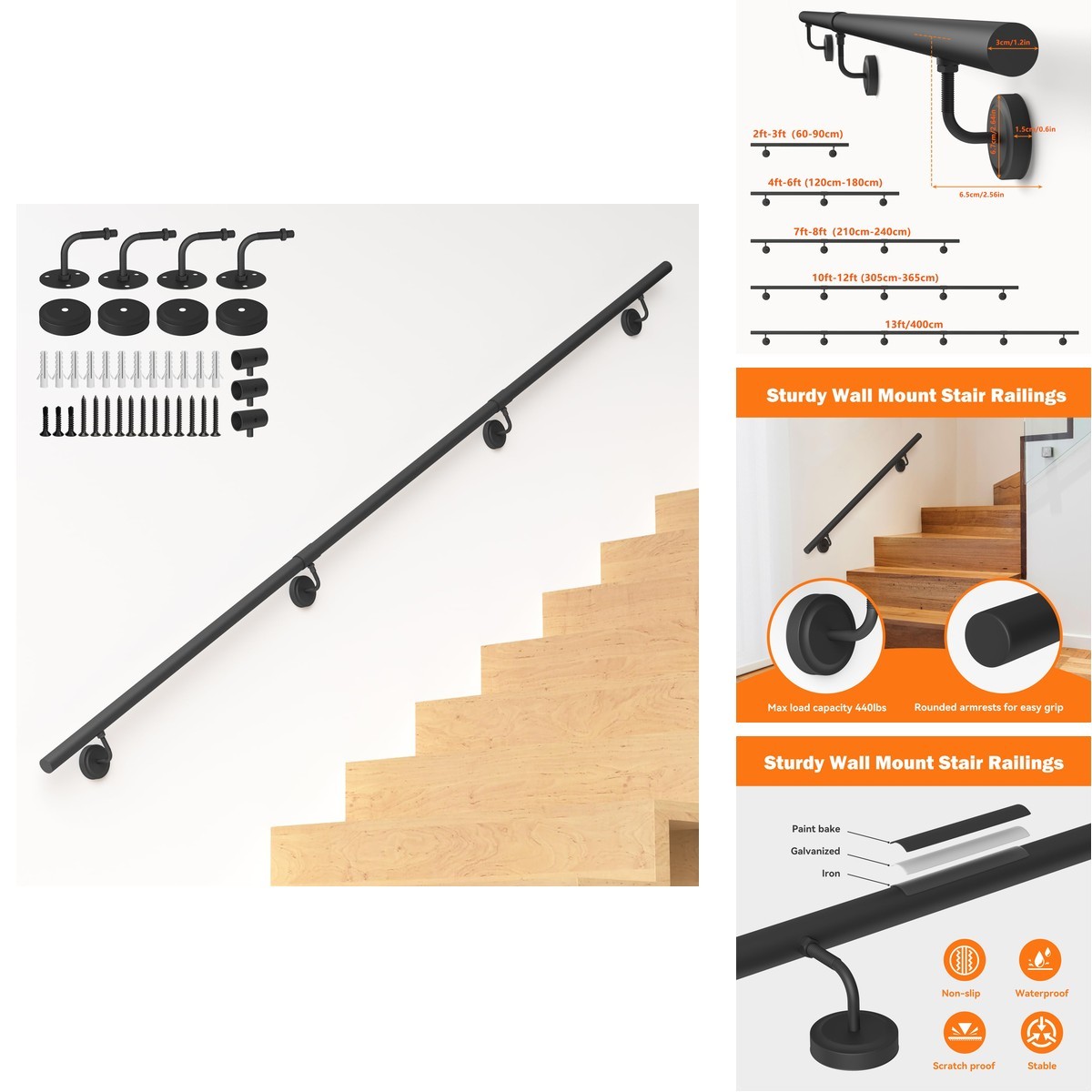 8FT Metal Stair Handrail Indoor Outdoor 440LBS Capacity Railing