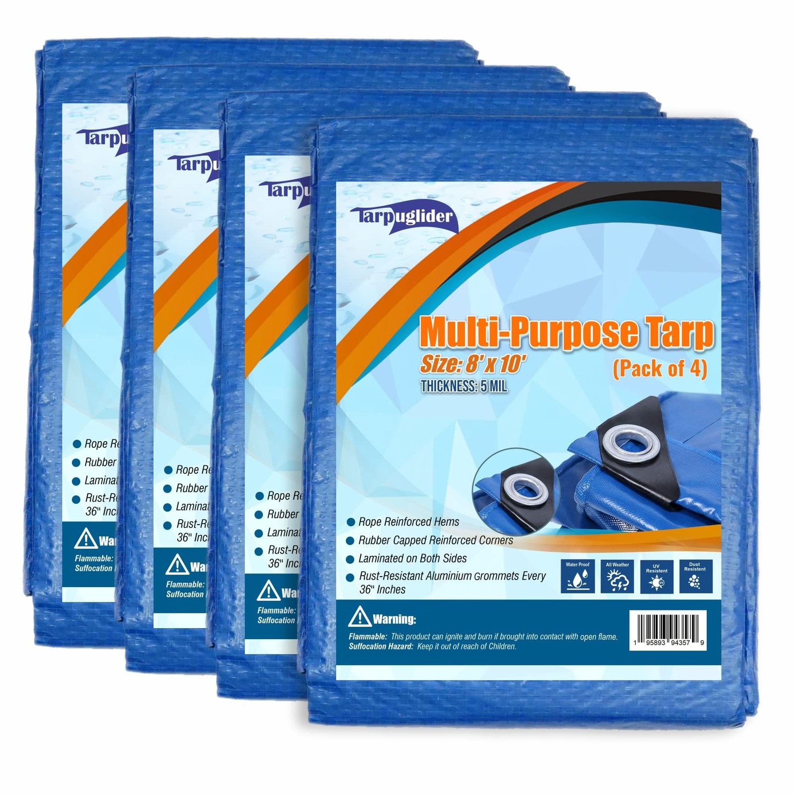Blue Tarp Pack of 4 Tarps Heavy Duty waterproof 8×10 Large Multipurpose Poly …