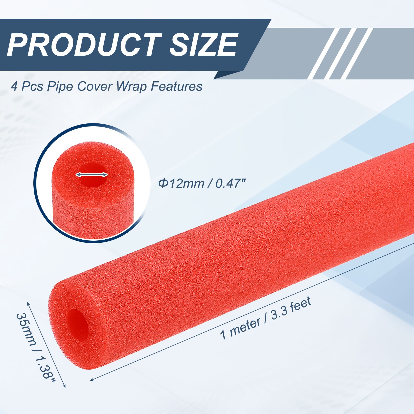 4pcs 1/2″ ID 3.3FT Pipe Insulation Foam Tube 1.38″ OD Tubing Cover Red