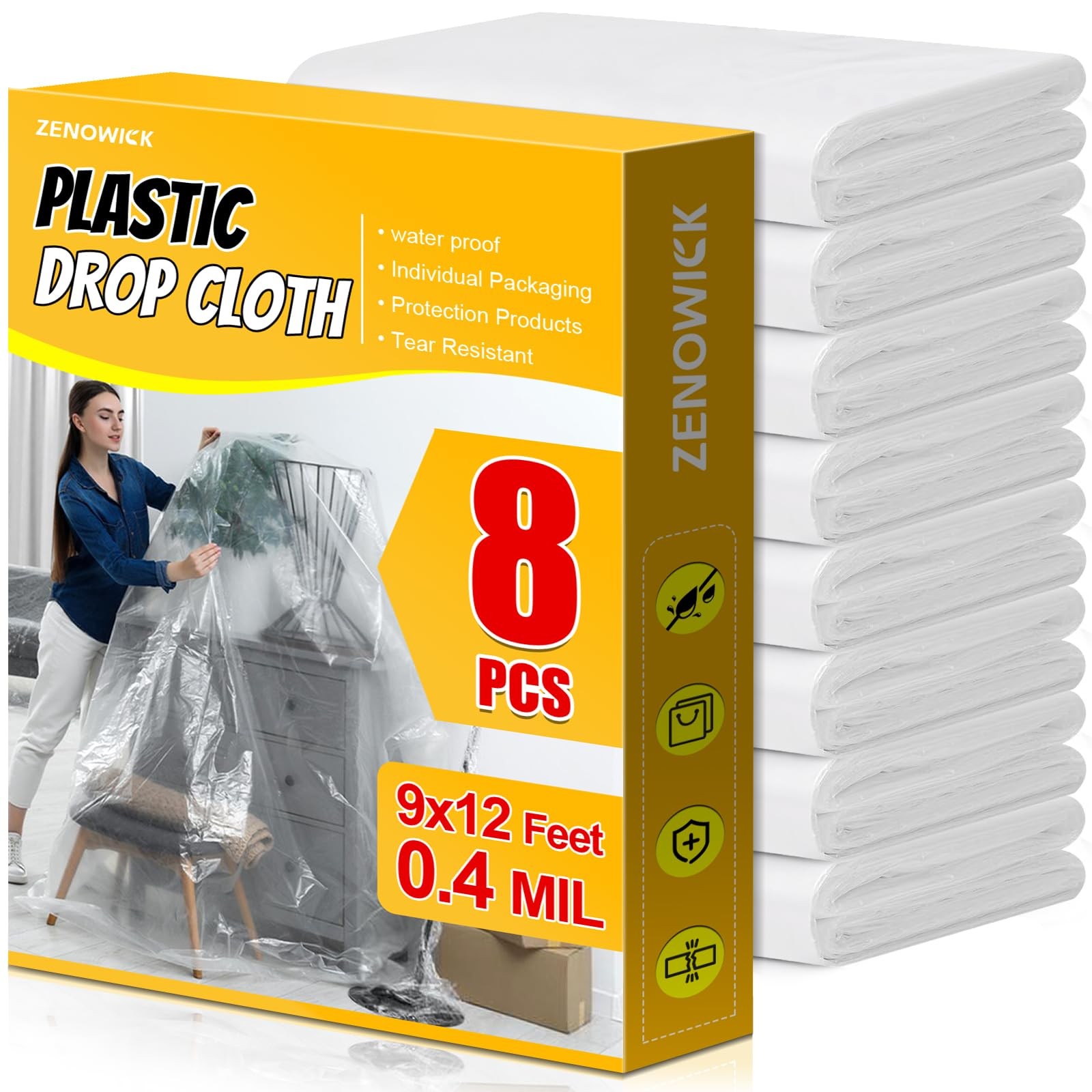 8 Pack Plastic Drop Cloth, 9×12 Ft Sheeting for Painting, 8Pack, 8p