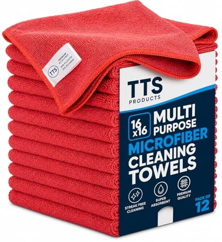 TTS Products Premium Microfiber Cleaning Towels, 16″ x 16″, Pack of 12, Multi-Pu