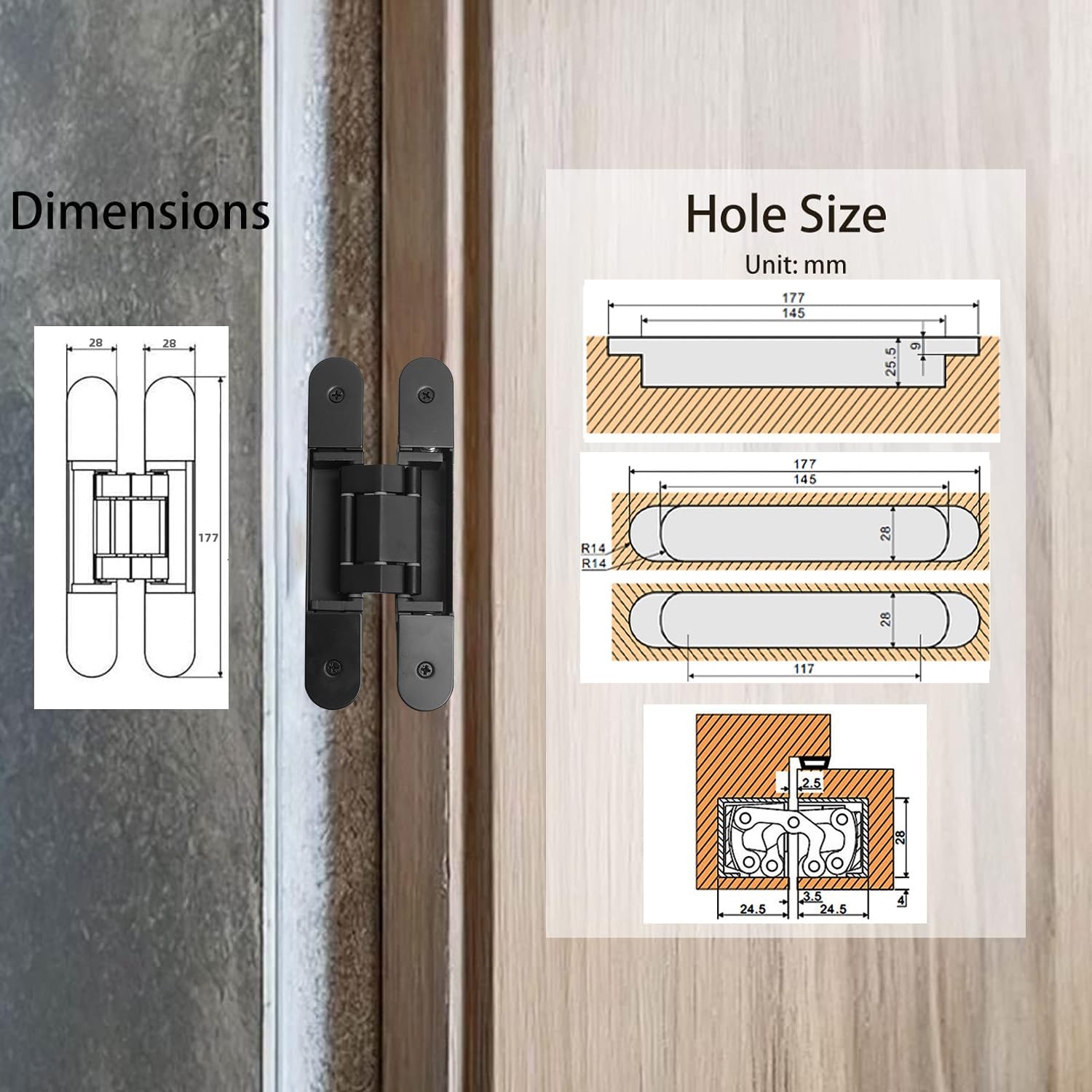 4-Pack 7 inch Black Hidden Door Hinges, Heavy Duty Zinc Alloy Concealed Hinge…