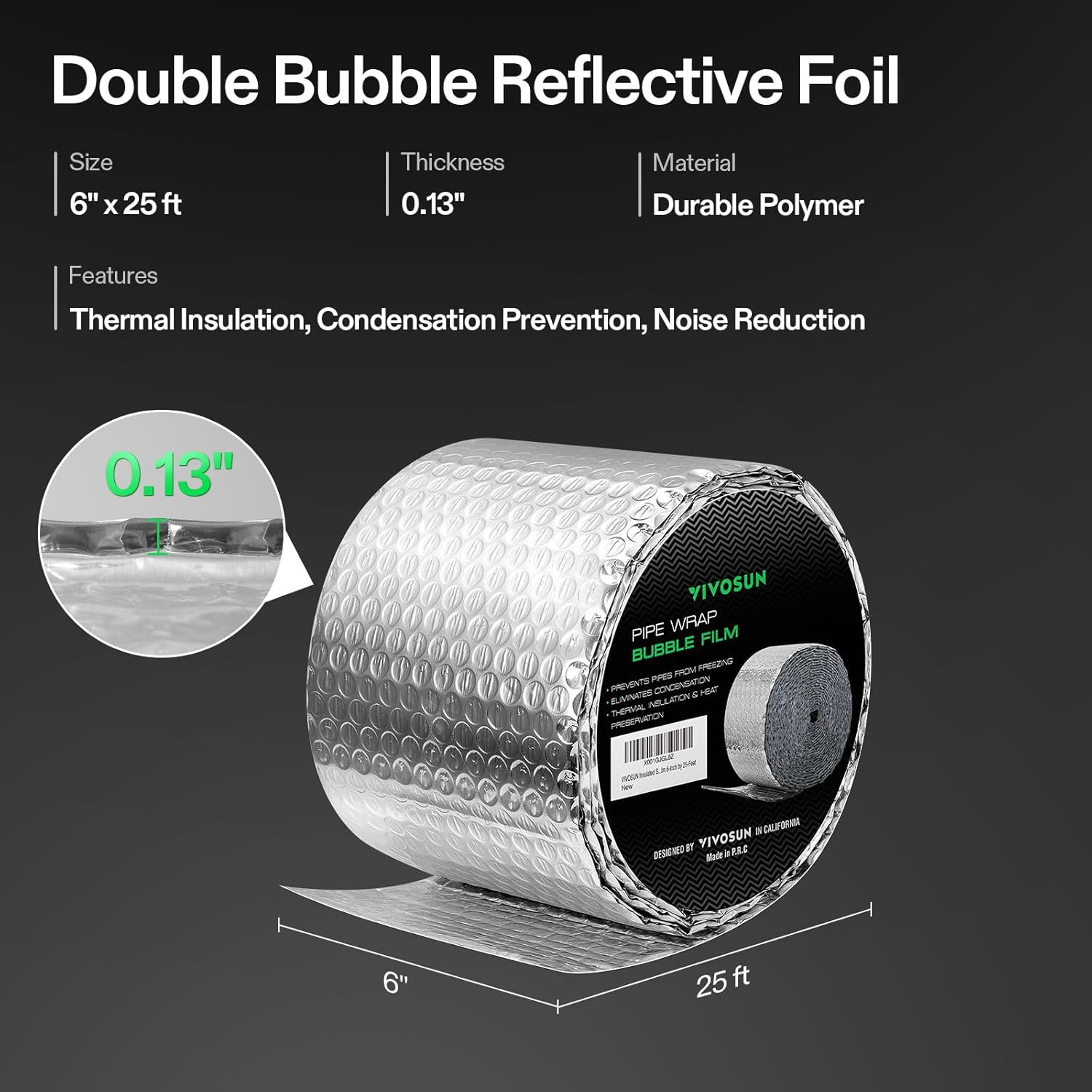 Reflective Double Bubble Foil Insulation Roll, 6″ x 25′ for HVAC Applications