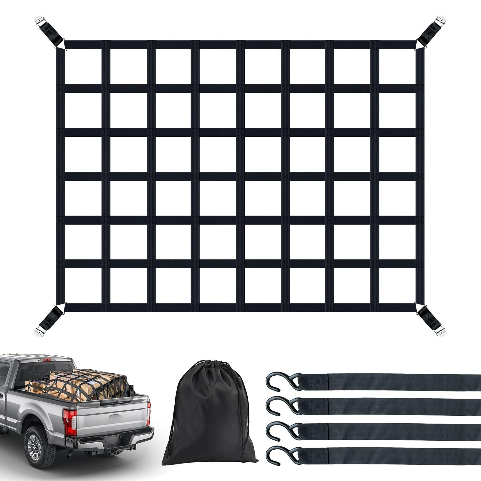 Heavy Duty Cargo Net for Pickup Truck Bed 66″ x 50″ 1100 lbs Capacity with Ad…