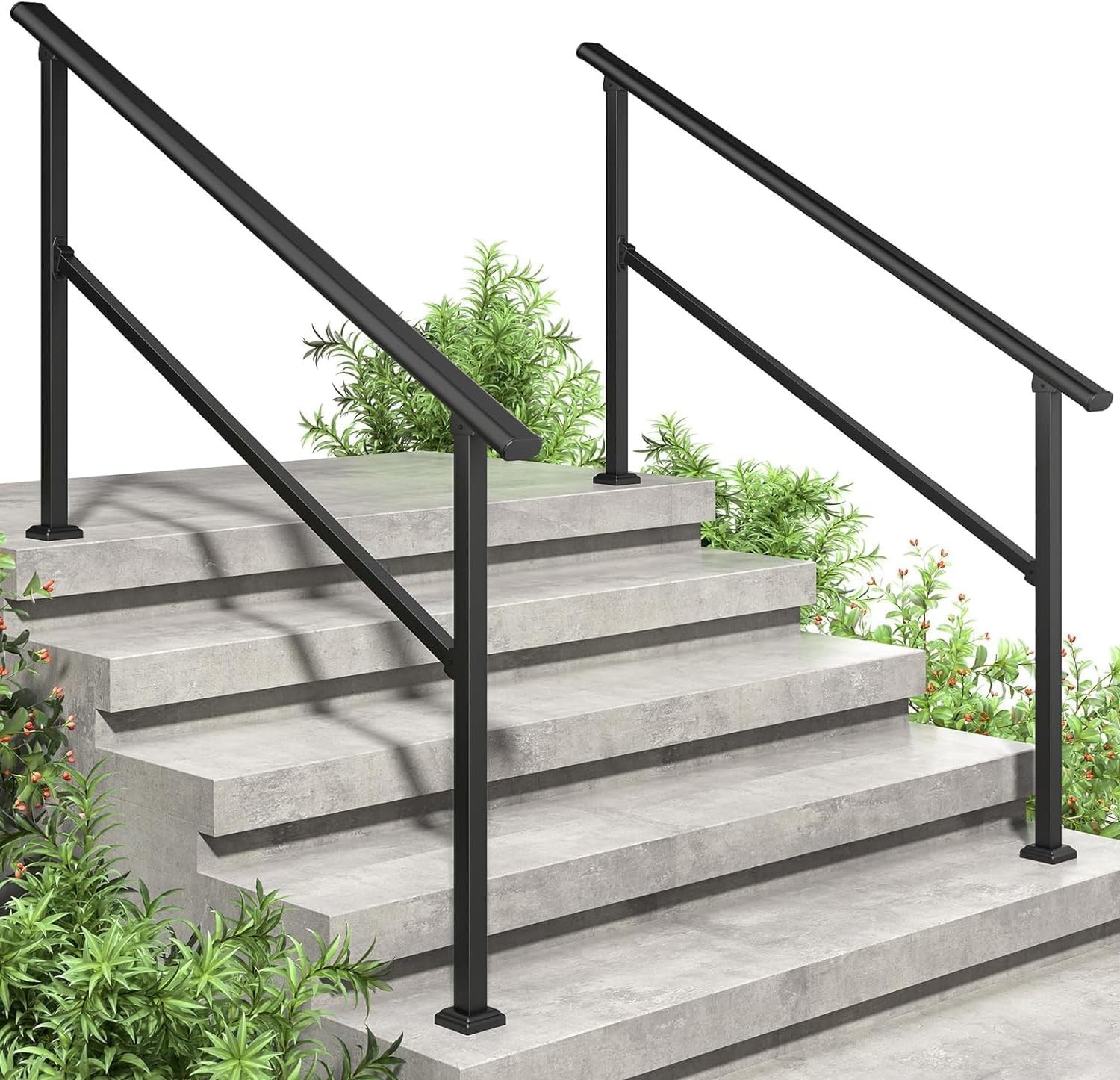 2-Pack Hand Rails for Outdoor Steps, 5 Step Metal Stair 5 Step-2PC, Black