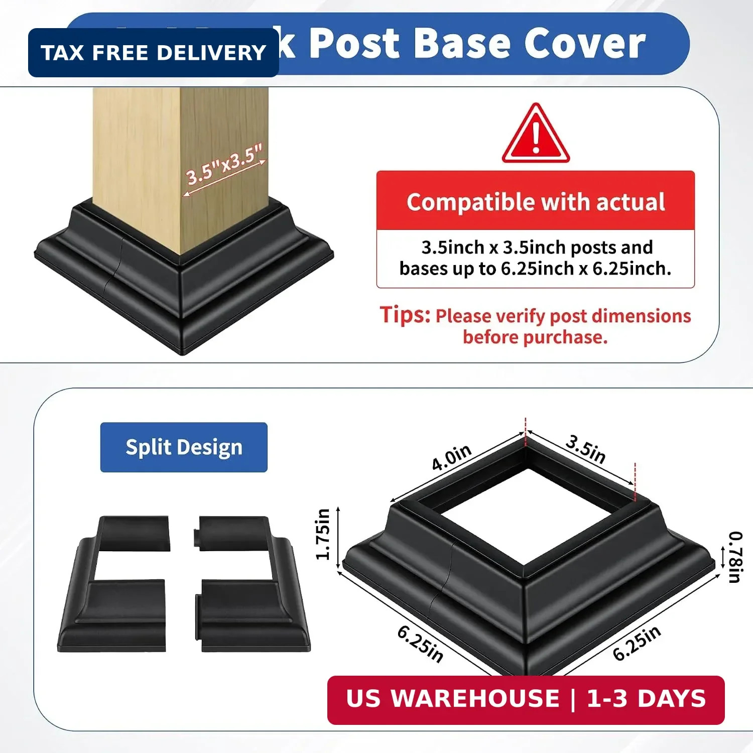 4-Pack 4×4 Post Skirt Aluminum Split Deck Post Base Cover (Black) | With 3.5″x3.