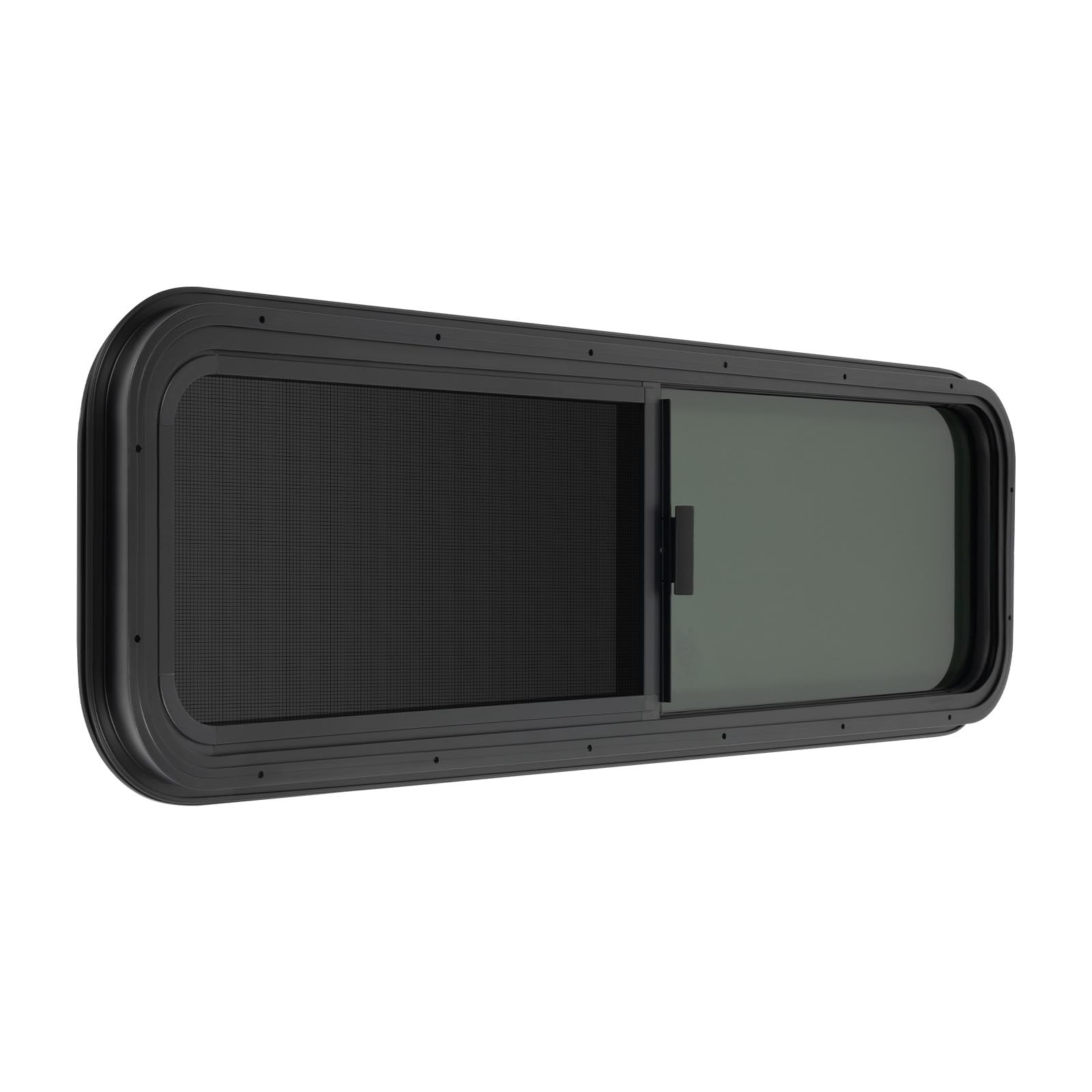 RV Teardrop Window 42×12 Horizontal Sliding Glass w/ Ring & Screen Black