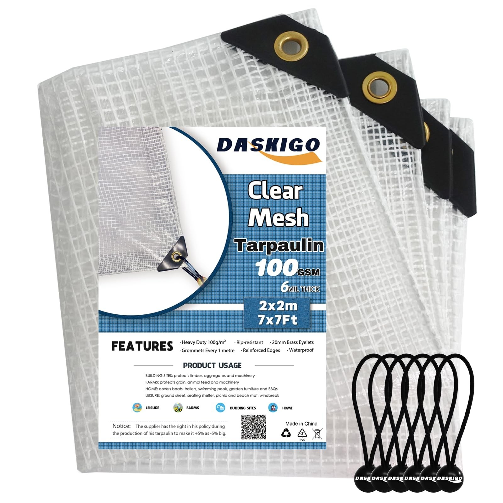 7 x 7Ft Heavy Duty Waterproof Tarps Reinforced Mesh Clear Tarp Cover Sheet & …