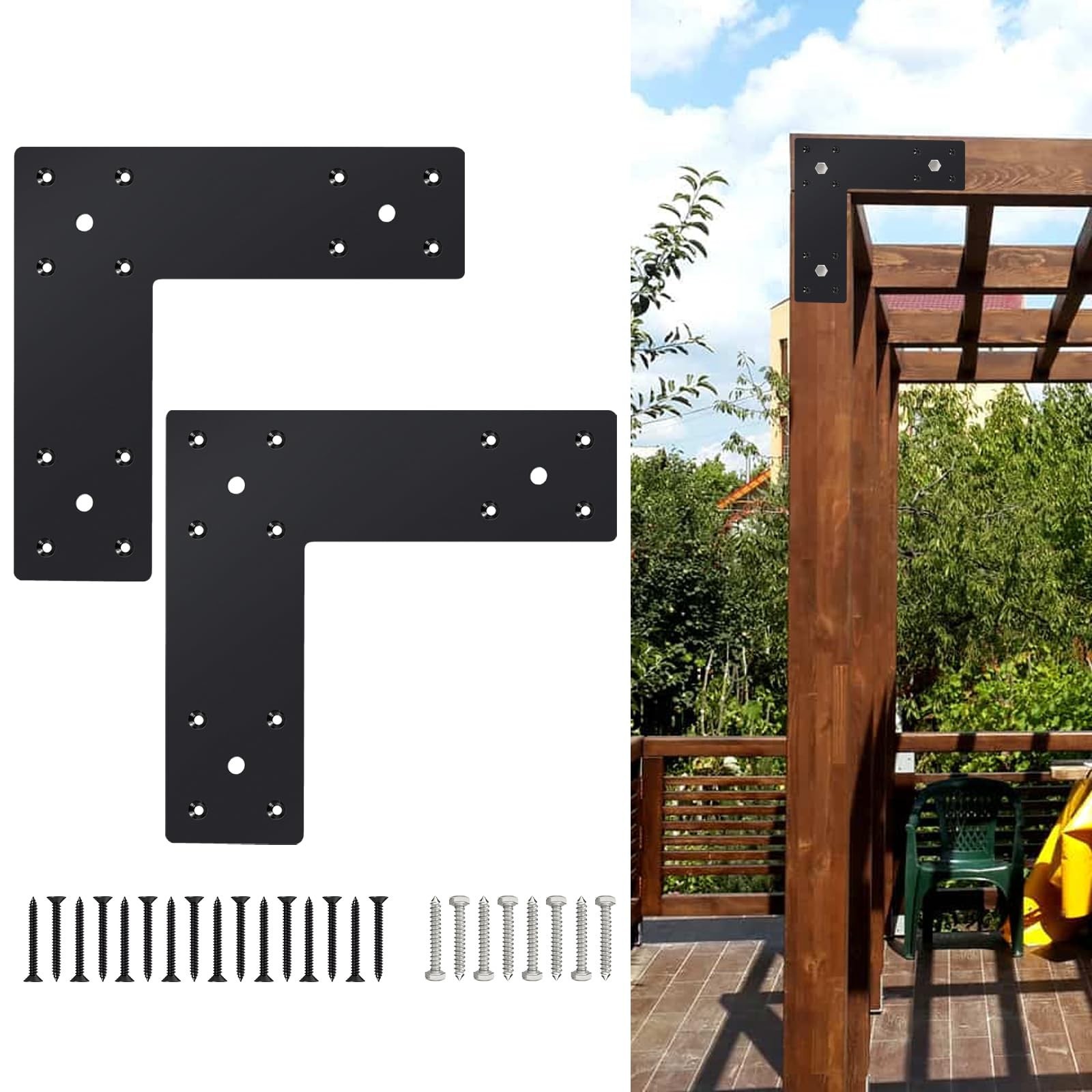 Pergola Flat Brackets 10″ x 10″,L-Shape Straight Joining Brackets for 4 x 4 o…