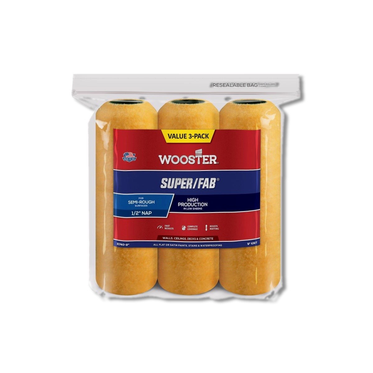 Wooster Super/Fab Fabric 9 in X 1/2 in Paint Roller Cover 3 pk R740-9