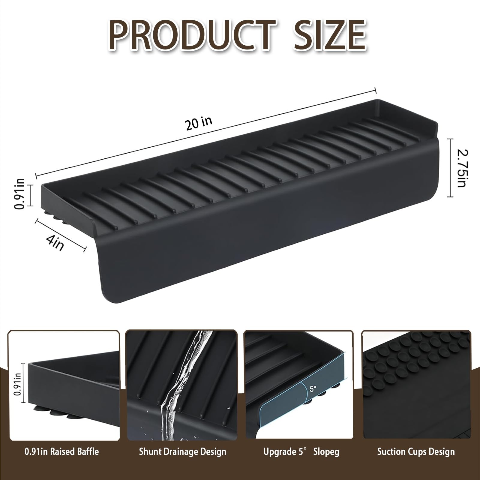 Silicone Sink Edge Protector with Suction Cup 4″ x 4in*20in, Black
