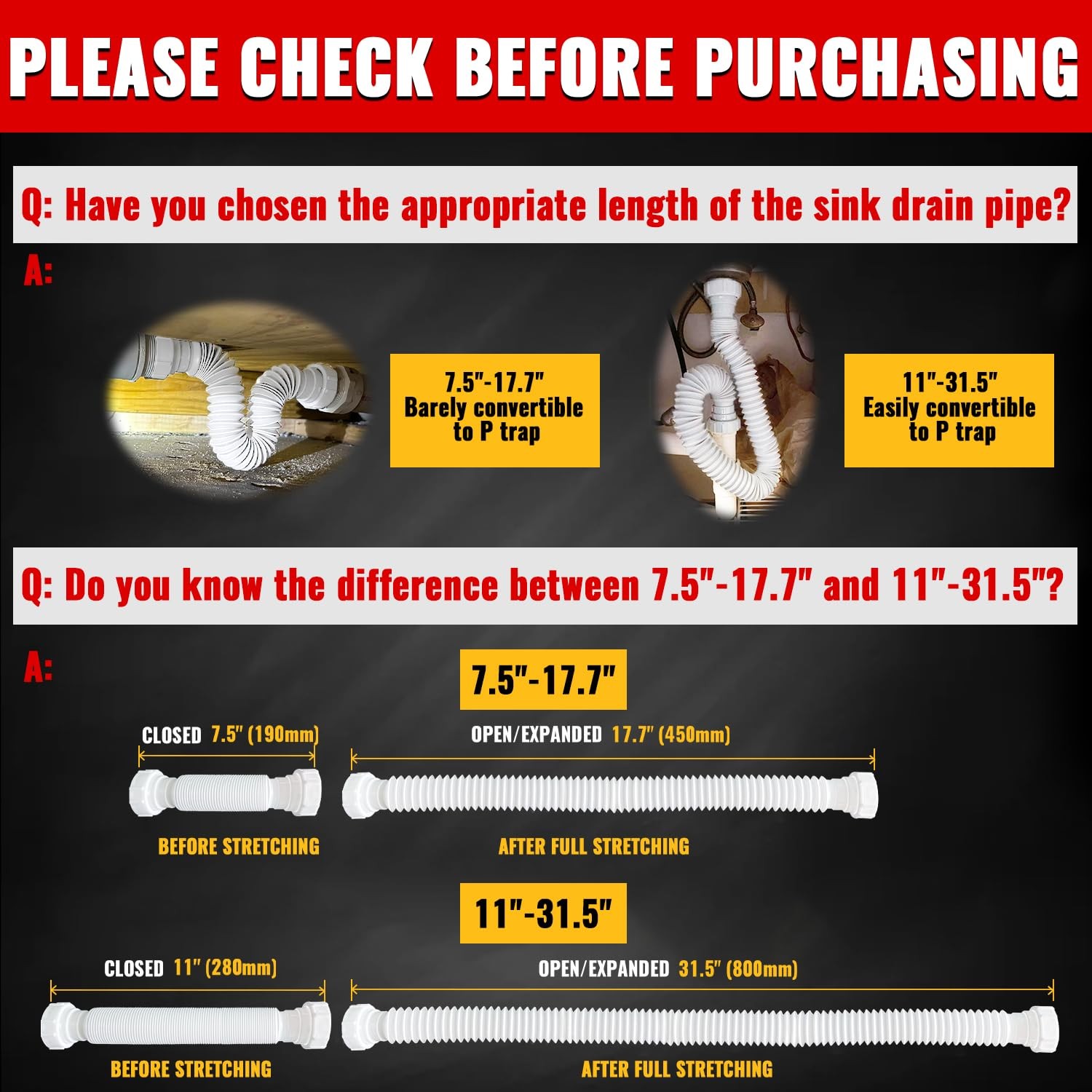 VIVIDA 1-1/2″ Sink Drain Pipe Kit, Flexible P 7.5″ to 17.7″, White