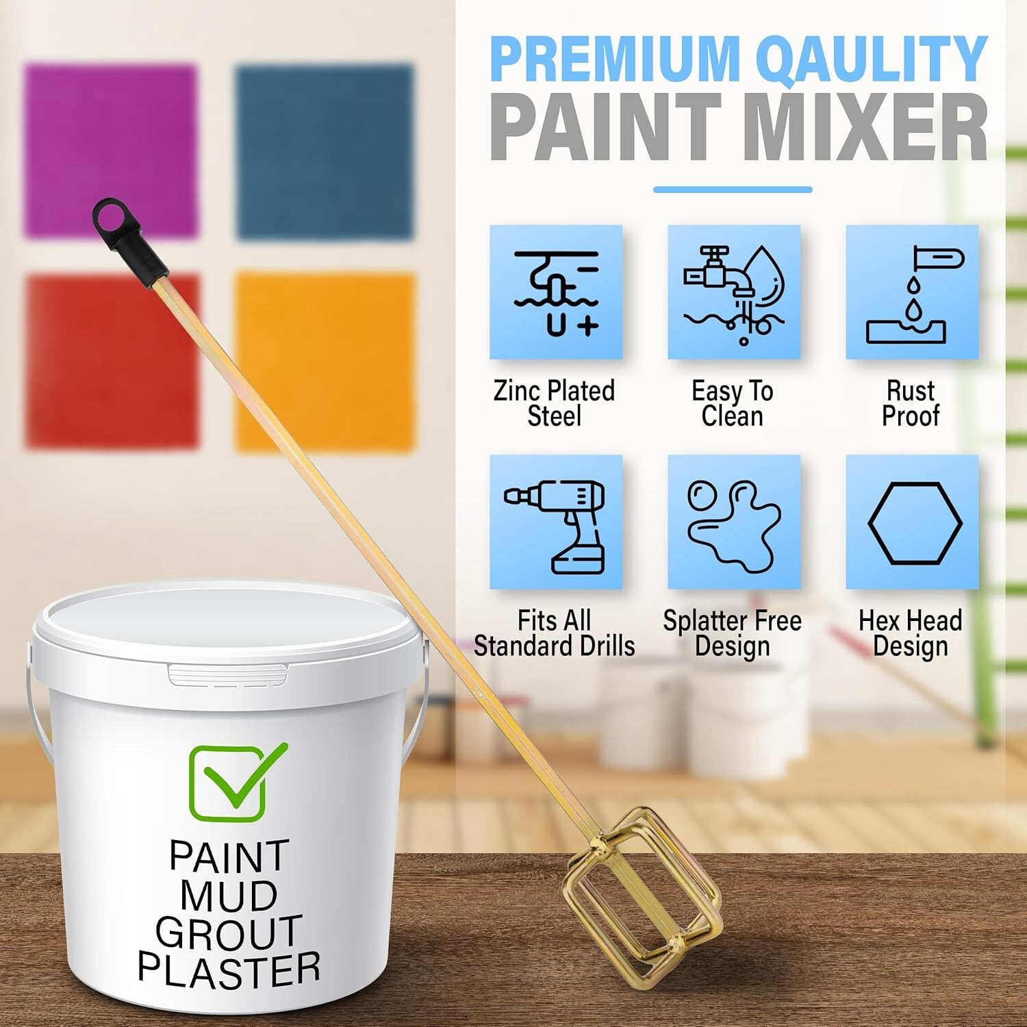 Paint Mixer Stainless Steel 5 Gallon Drill Attachment Rust-Free Easy Clean Mi…