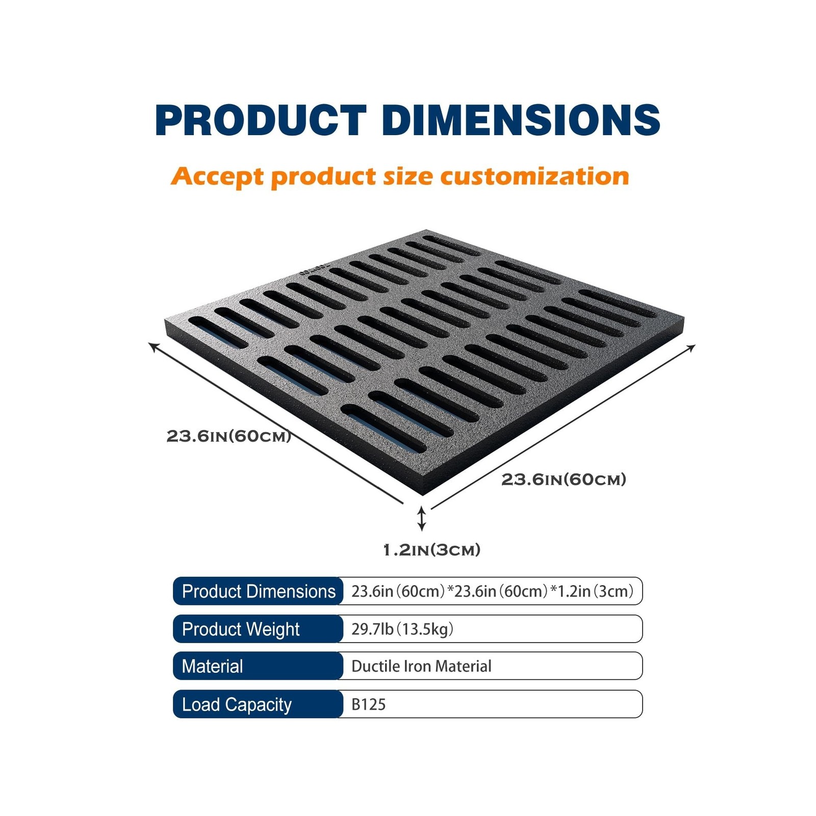 Cast Iron Drain Grate, 24 * 24in Outdoor Drain Cover, B125 Class Ductile Iron…