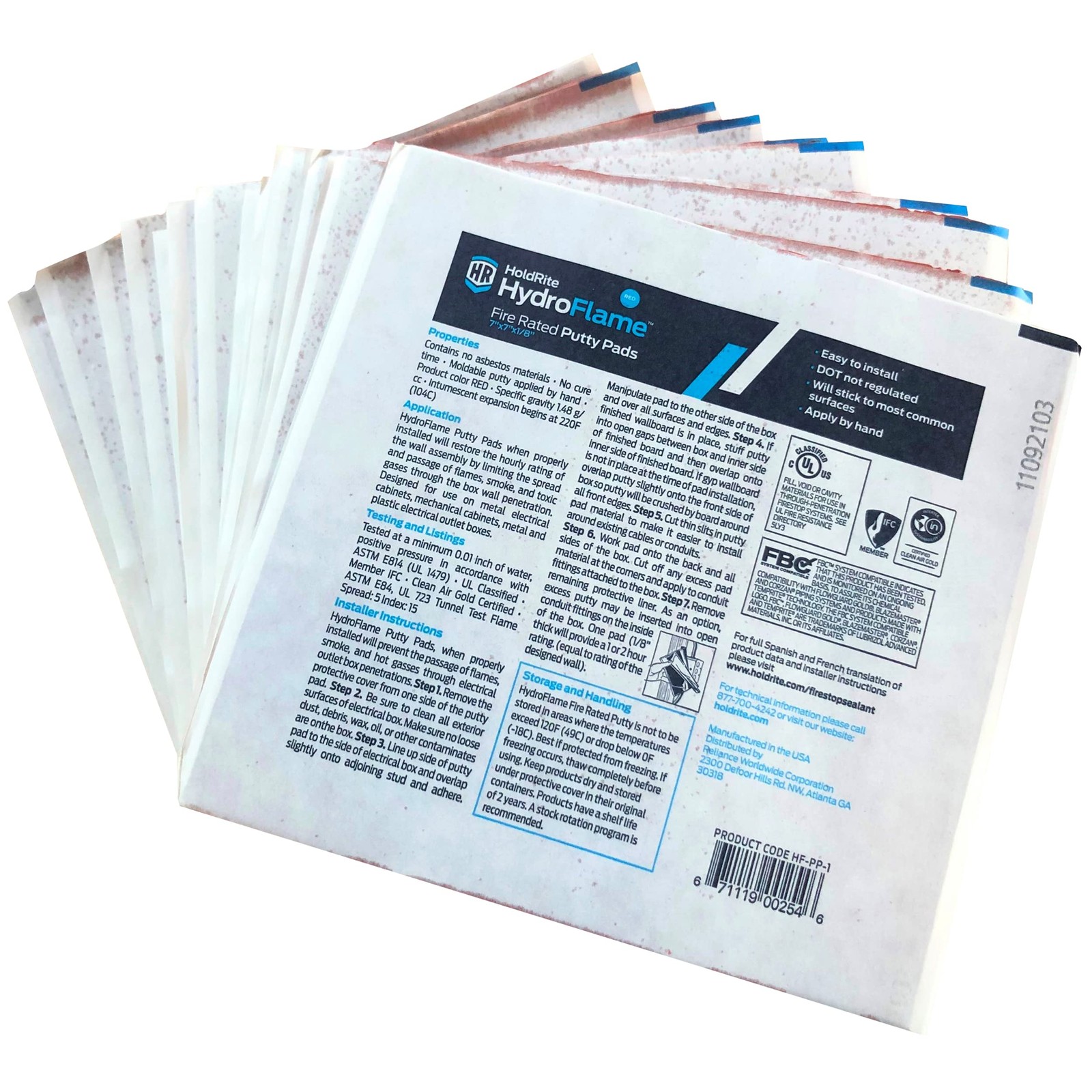 HydroFlame 7 x 7 Inch Firestop Putty Pads, (Pack of 20) Fire-Rated, HF-PP-1