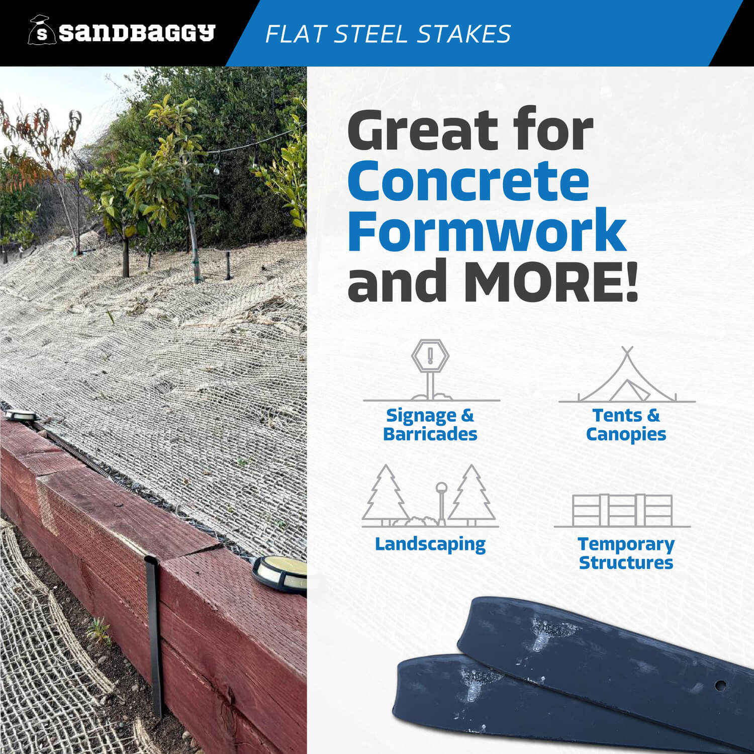 Sandbaggy 12″ Flat Steel Stakes For Concrete Forms With Nail Holes – Reusable